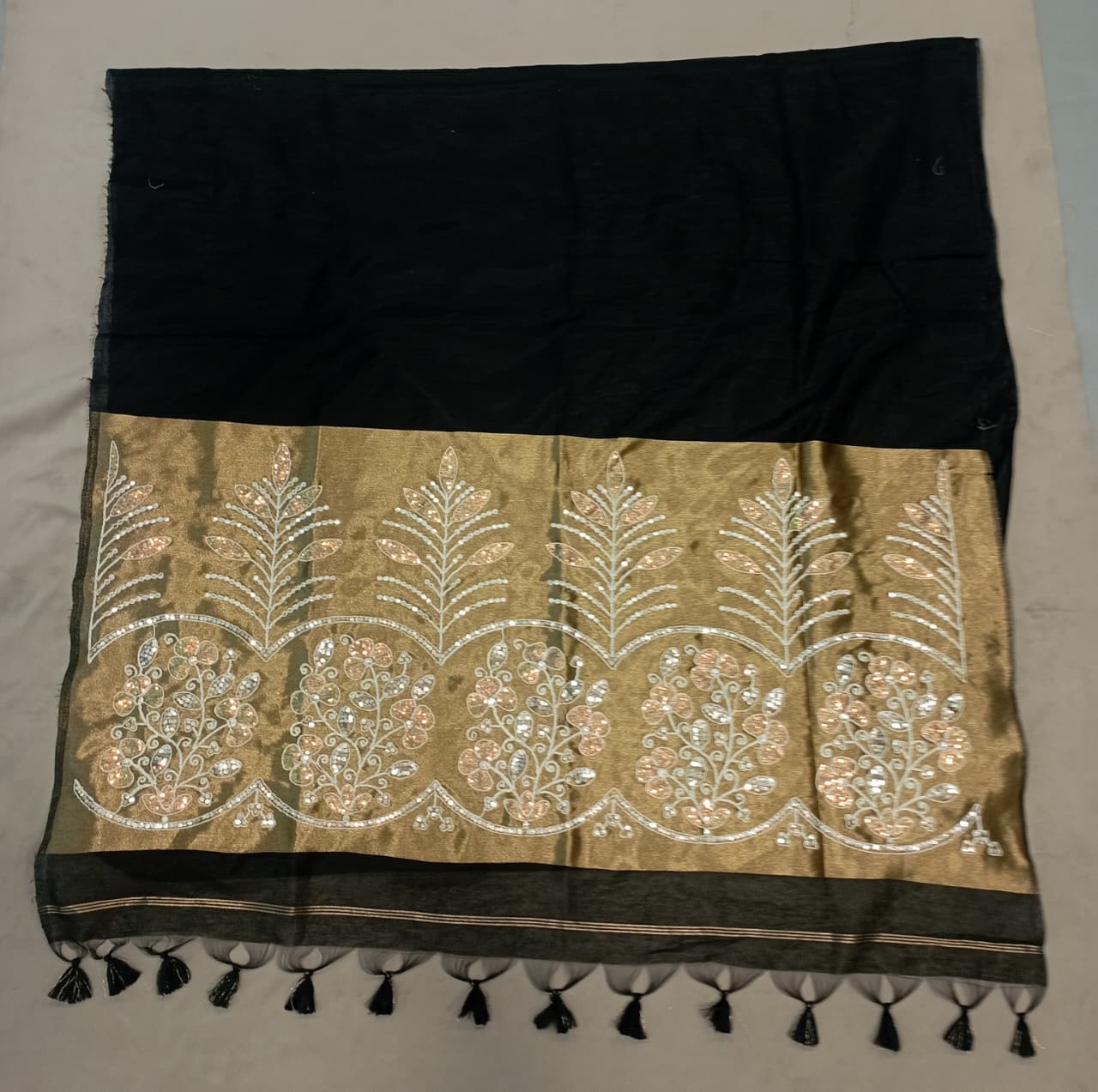 Premium Pure Cotton Saree With Zari Pallu With Heavy Seq -BLACK