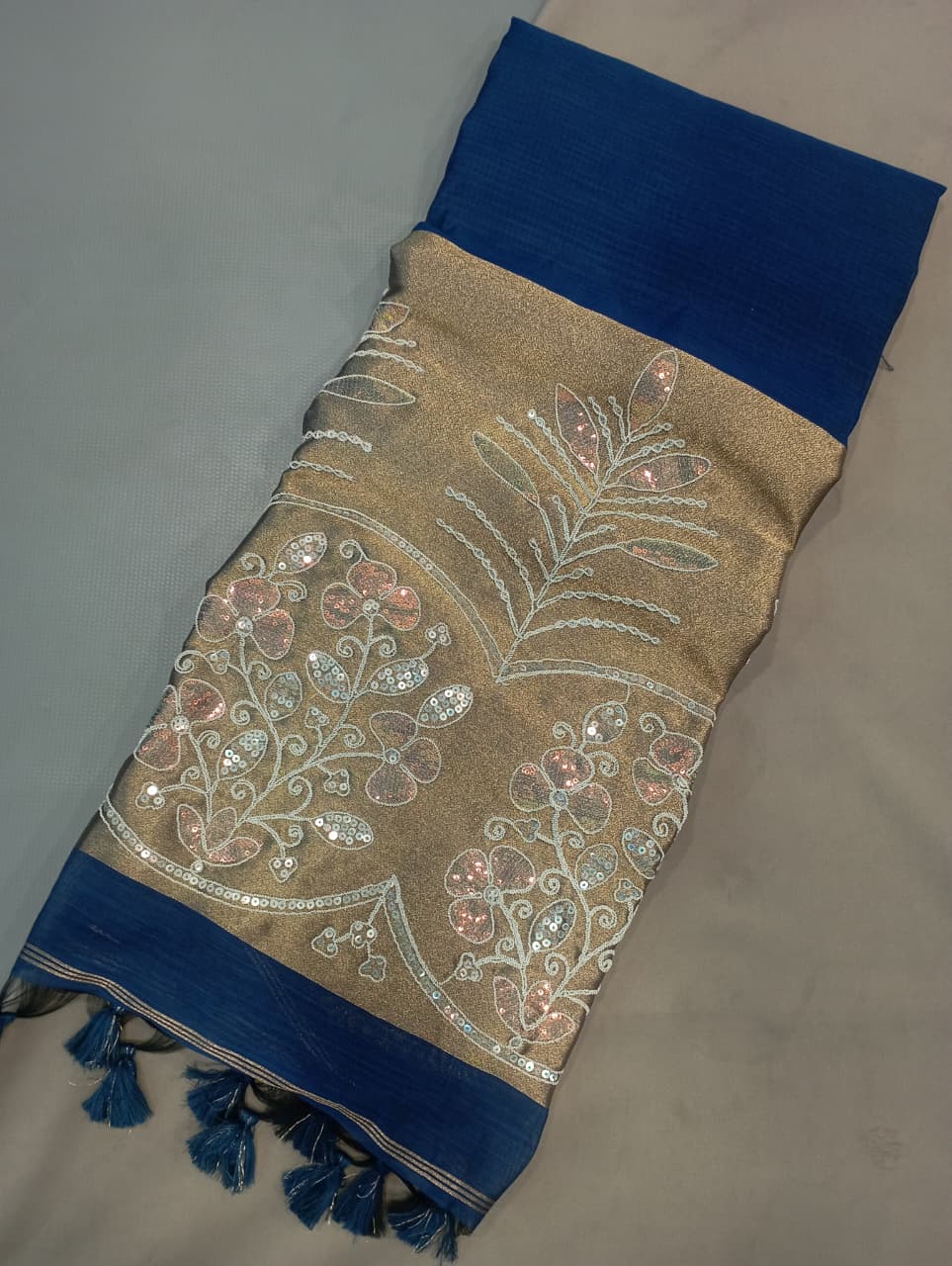Premium Pure Cotton Saree With Zari Pallu With Heavy Seq -BLUE