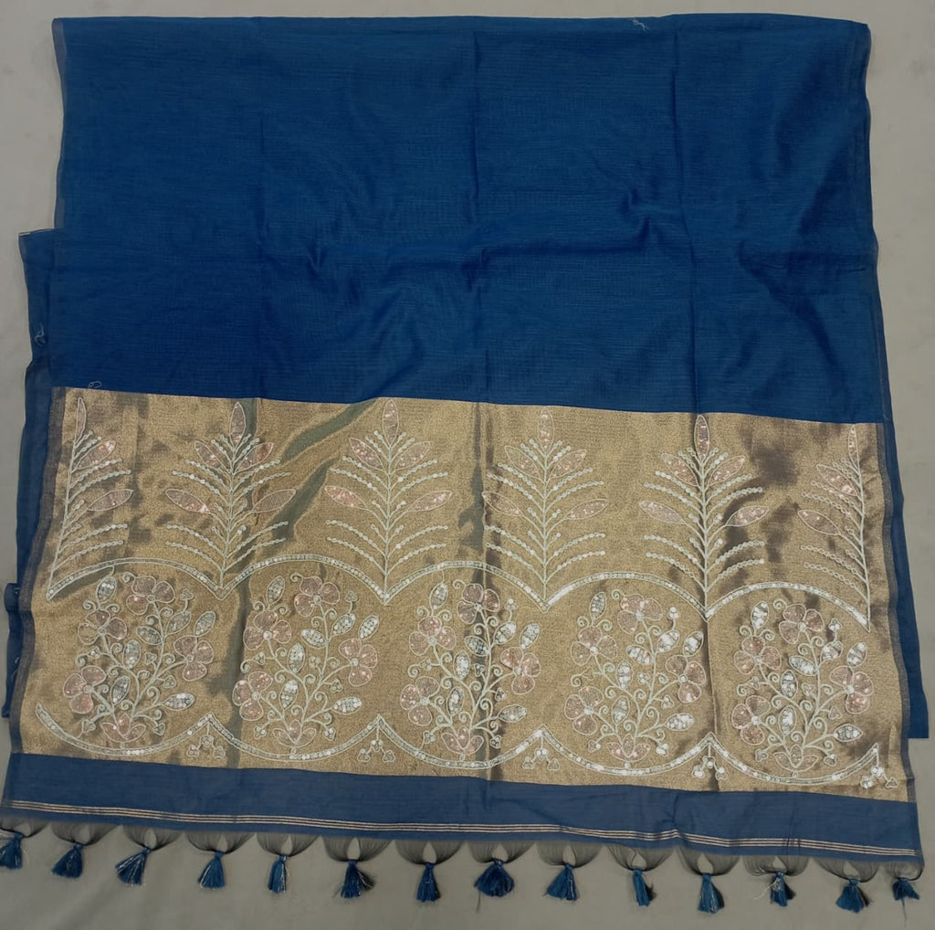 Premium Pure Cotton Saree With Zari Pallu With Heavy Seq -BLUE