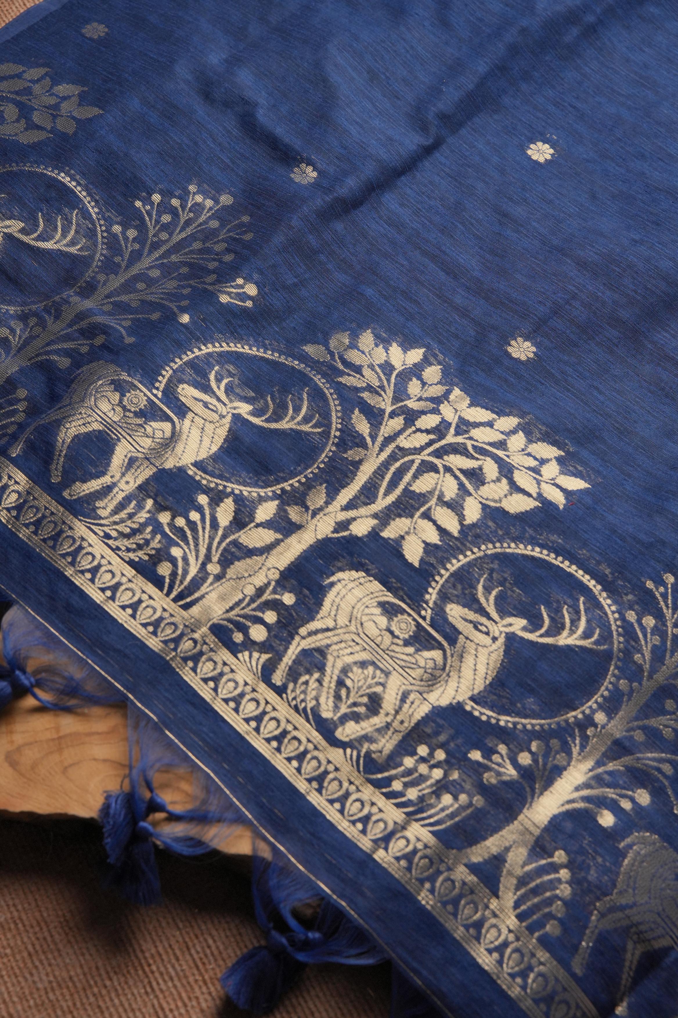 Linen Muslin Golden Zari Unstitched Suit-Navy Blue