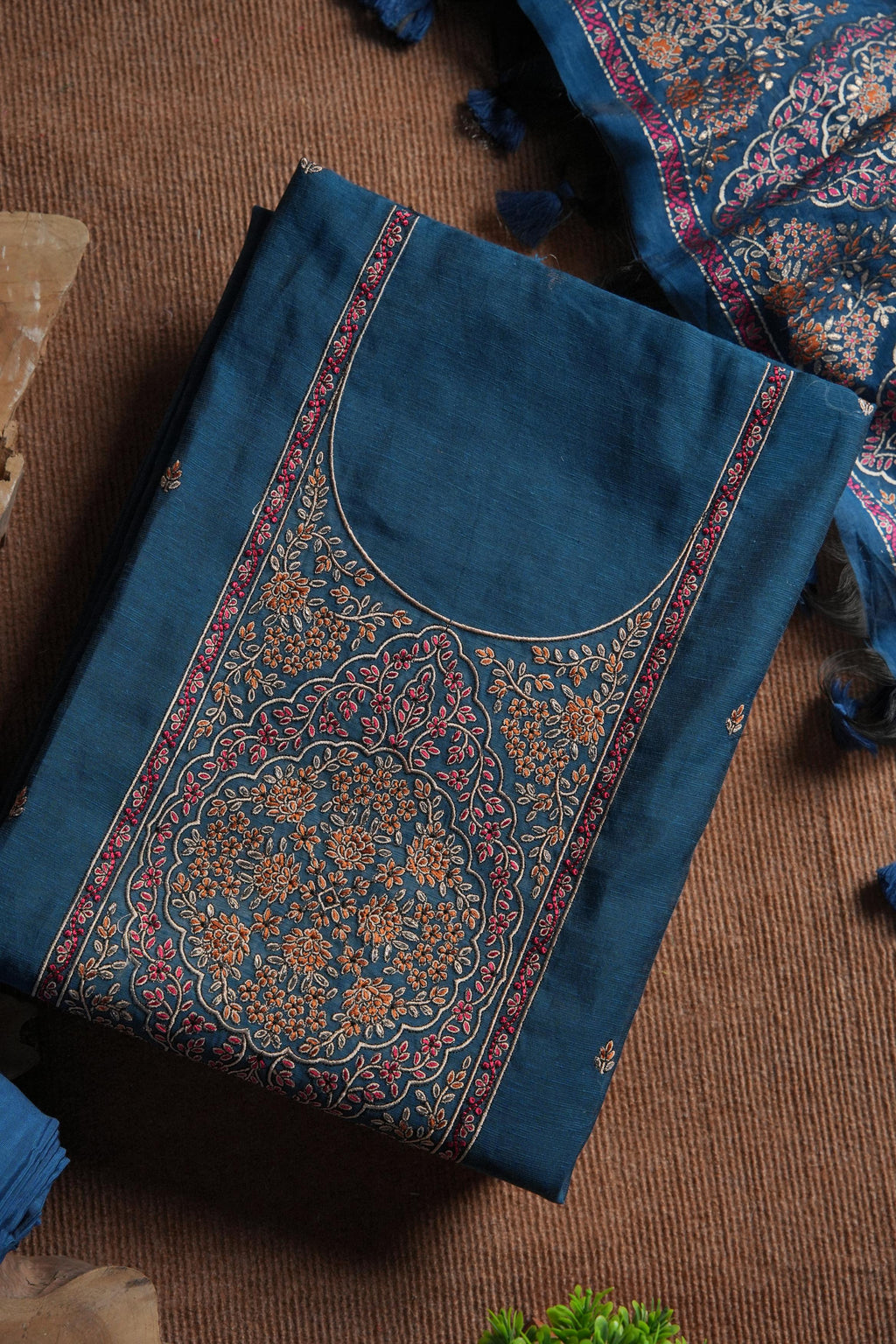 Linen Cotton Kashmiri Art Unstitched Suit- BLUE