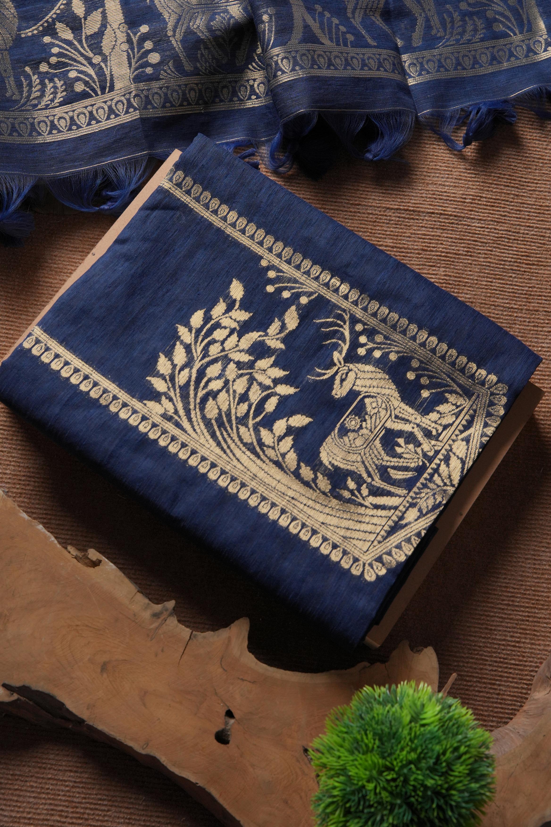 Linen Muslin Golden Zari Unstitched Suit-Navy Blue