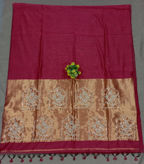 Elegent Pure Cotton Saree With Zari Pallu With Heavy Seq -BABY PINK