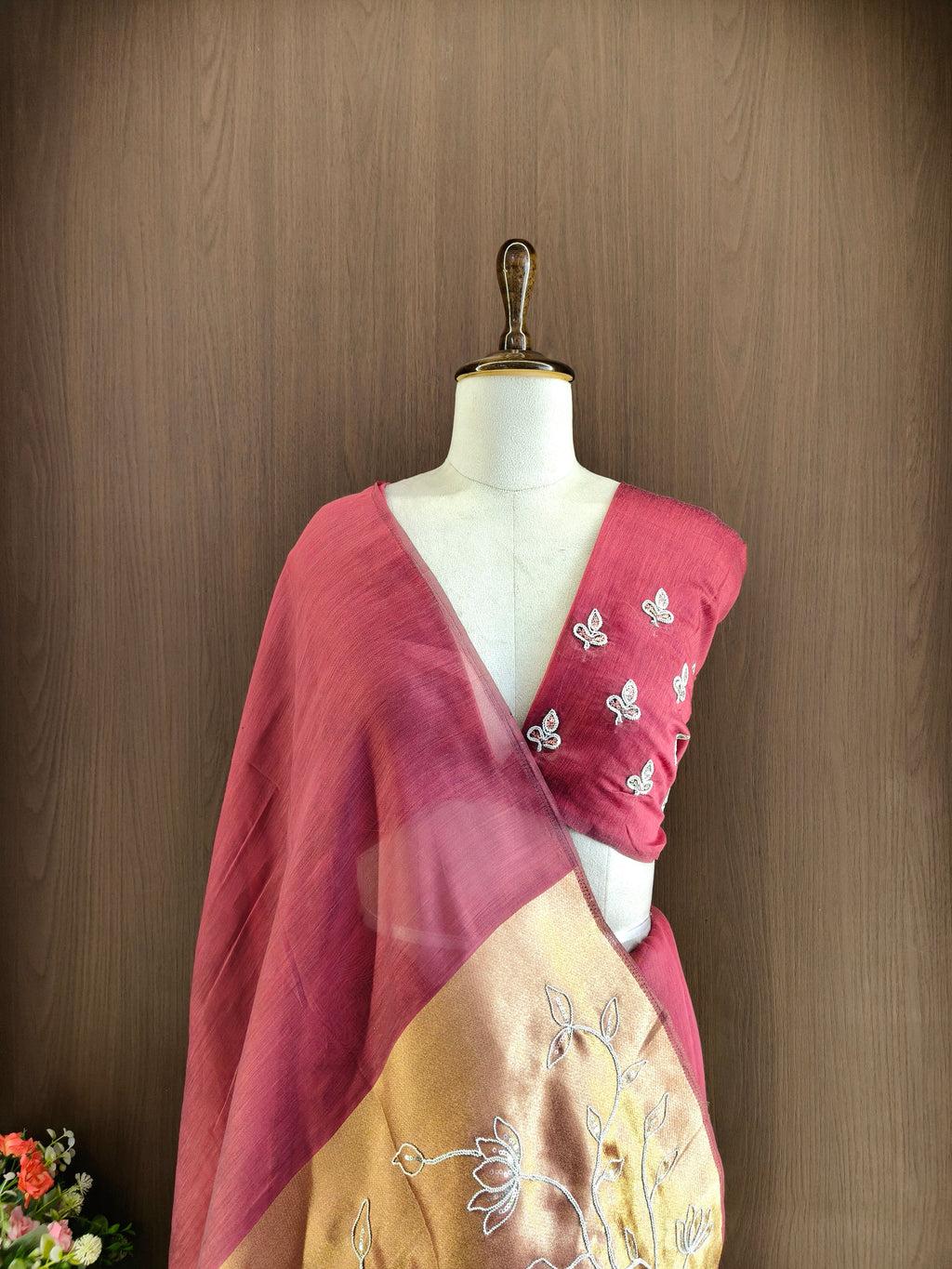 Organza Silk Saree with Heavy Gold Zari Floral Pallu & Embroidery Blouse -Pink