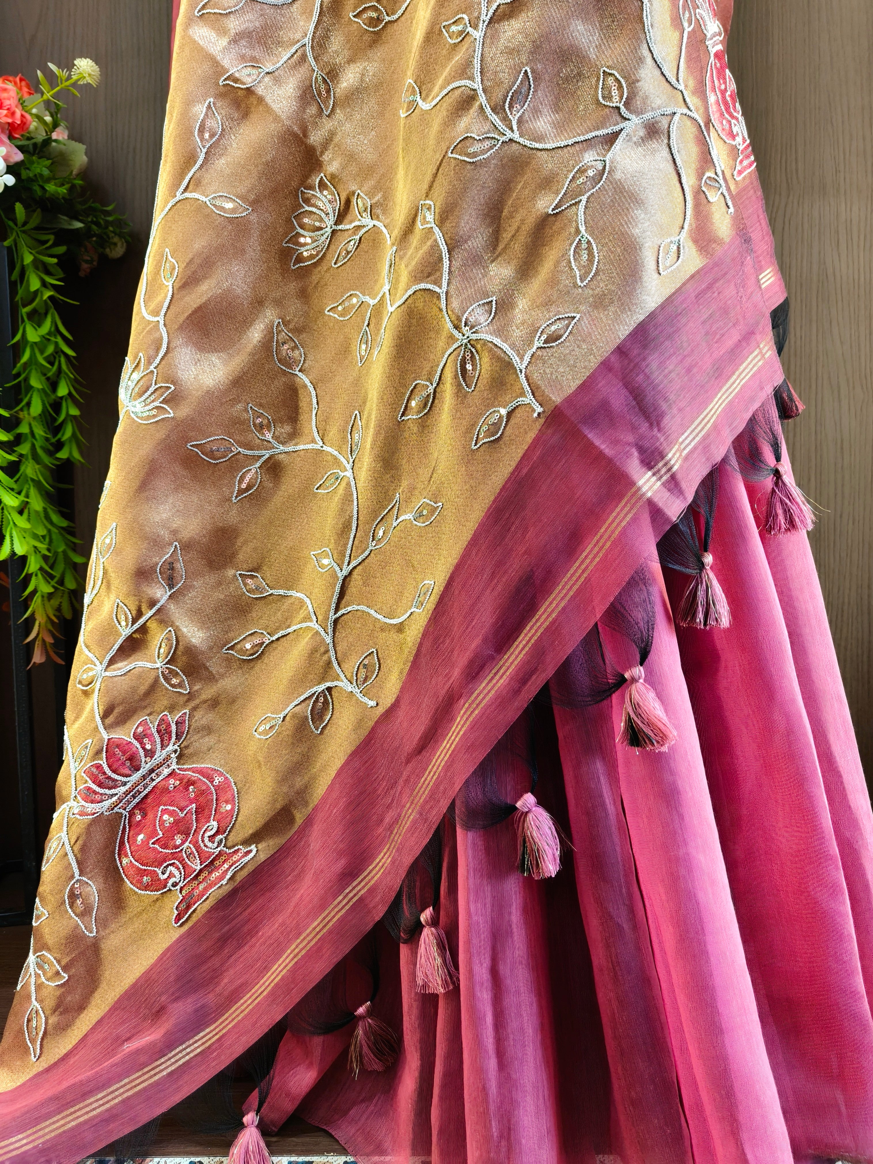 Organza Silk Saree with Heavy Gold Zari Floral Pallu & Embroidery Blouse -Pink