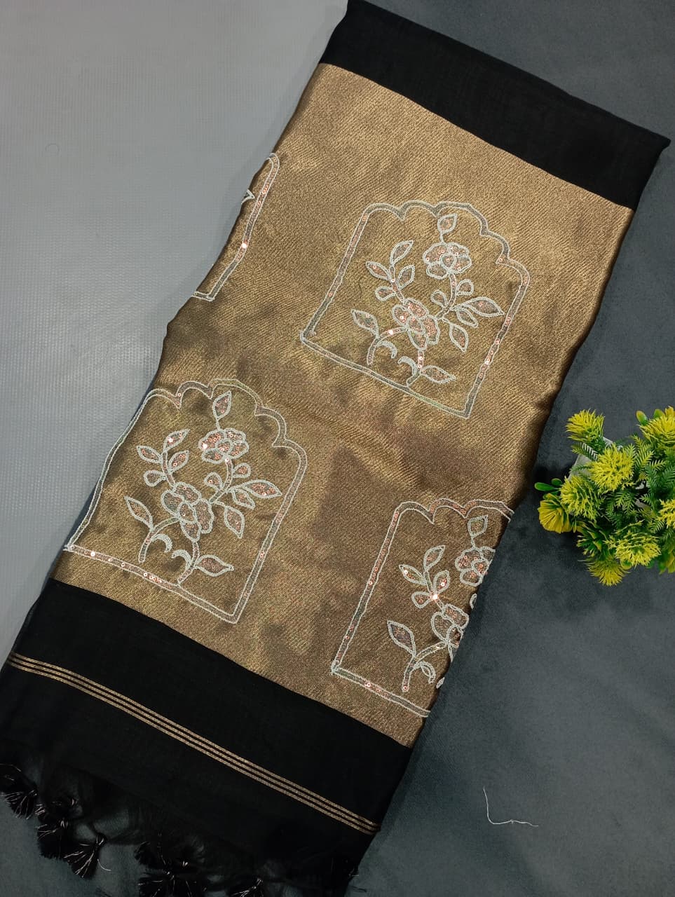 Elegent Pure Cotton Saree With Zari Pallu With Heavy Seq -BLACK