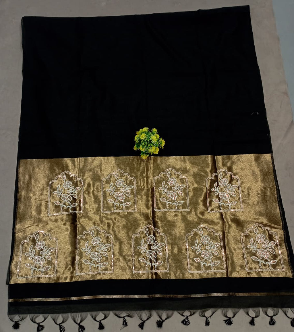 Elegent Pure Cotton Saree With Zari Pallu With Heavy Seq -BLACK