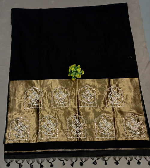 Elegent Pure Cotton Saree With Zari Pallu With Heavy Seq -BLACK