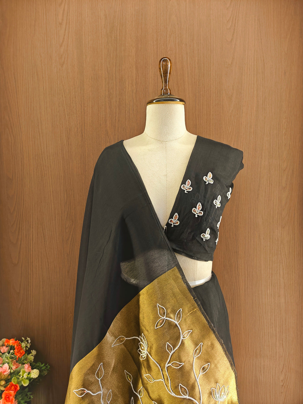 Organza Silk Saree with Heavy Gold Zari Floral Pallu & Embroidery Blouse -BLACK
