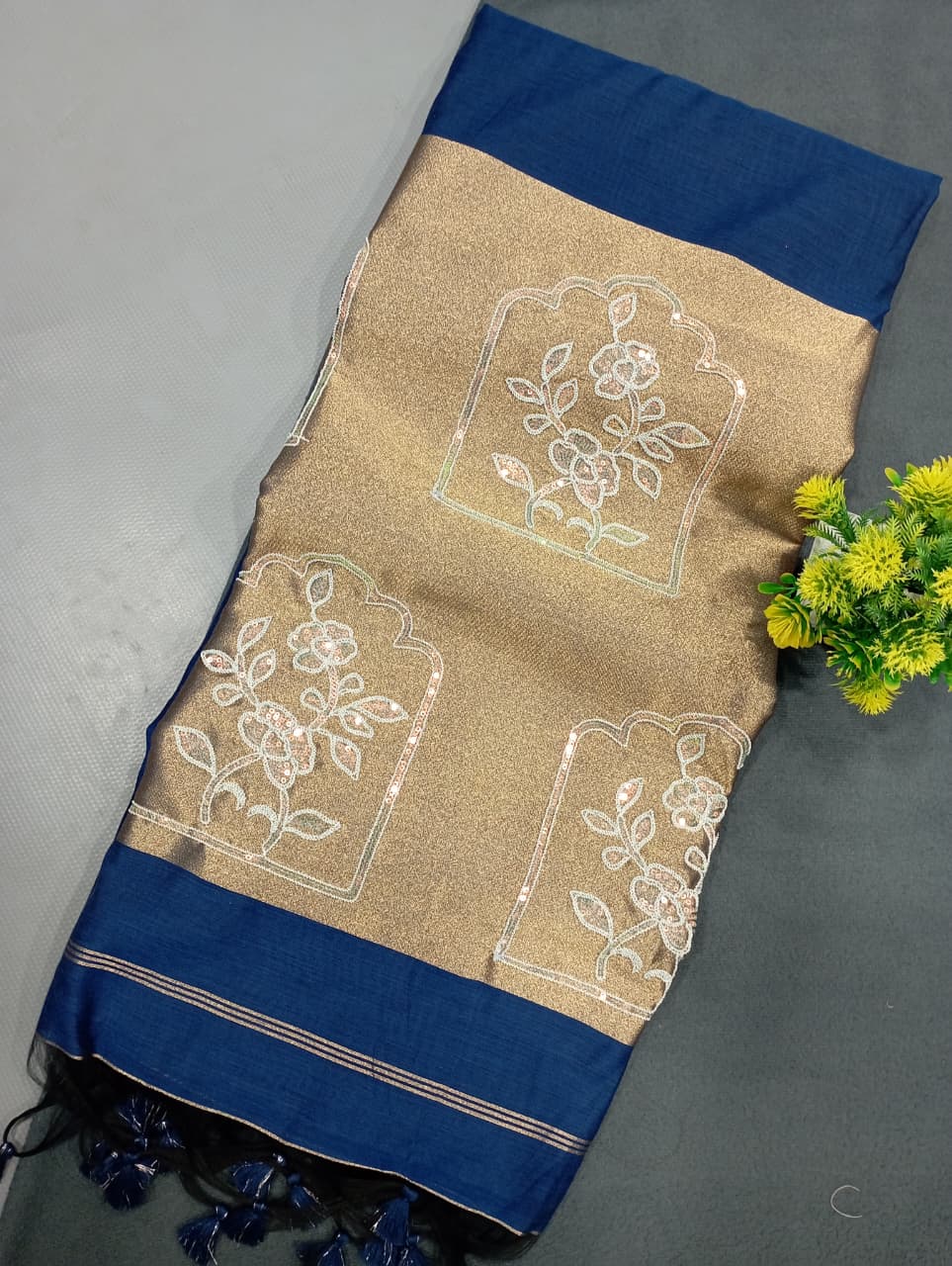Elegent Pure Cotton Saree With Zari Pallu With Heavy Seq -Blue