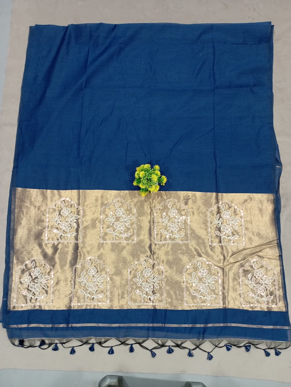 Elegent Pure Cotton Saree With Zari Pallu With Heavy Seq -Blue