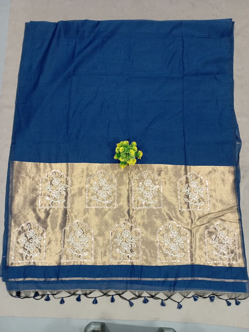 Elegent Pure Cotton Saree With Zari Pallu With Heavy Seq -Blue