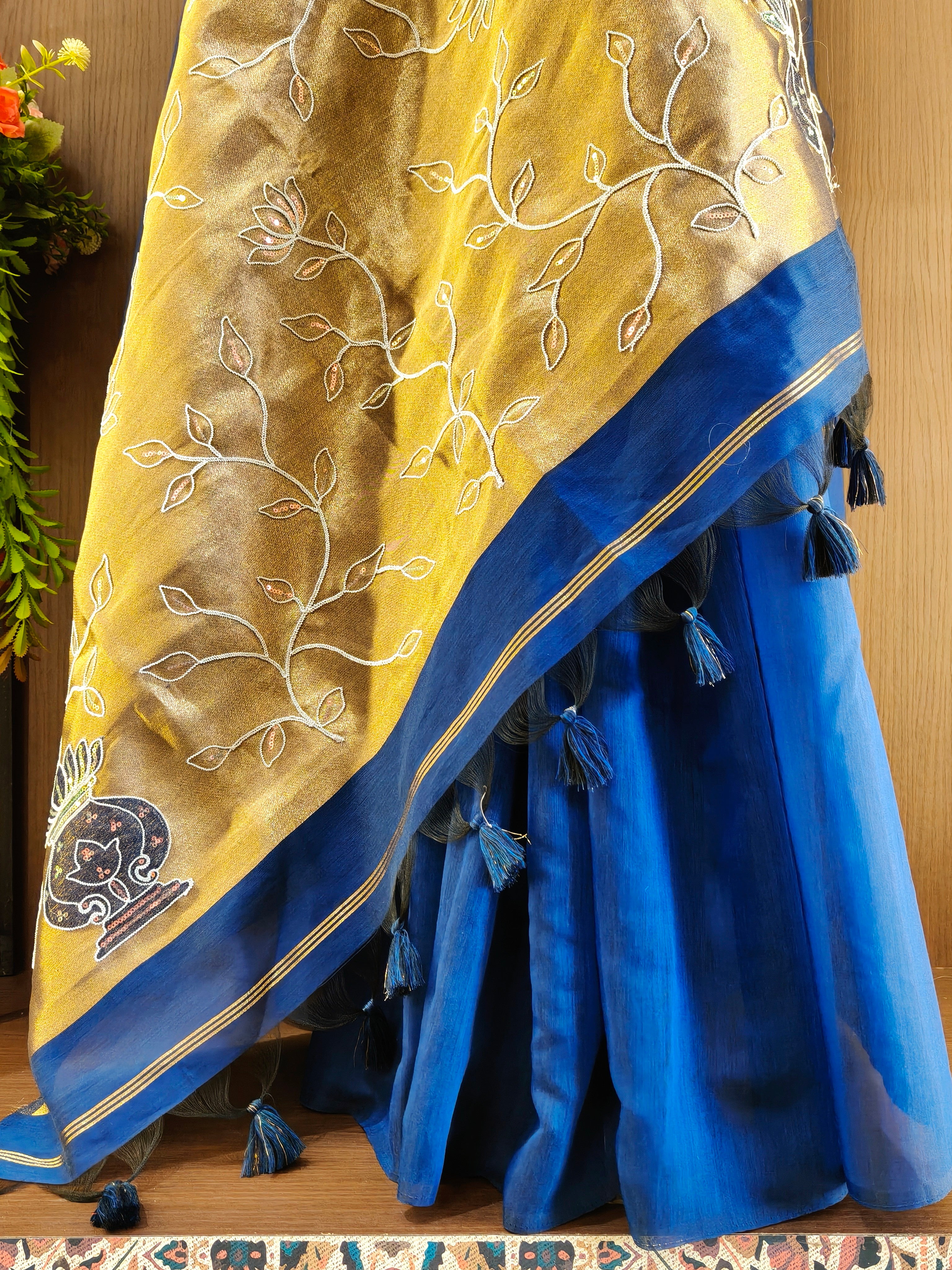 Organza Silk Saree with Heavy Gold Zari Floral Pallu & Embroidery Blouse -Blue
