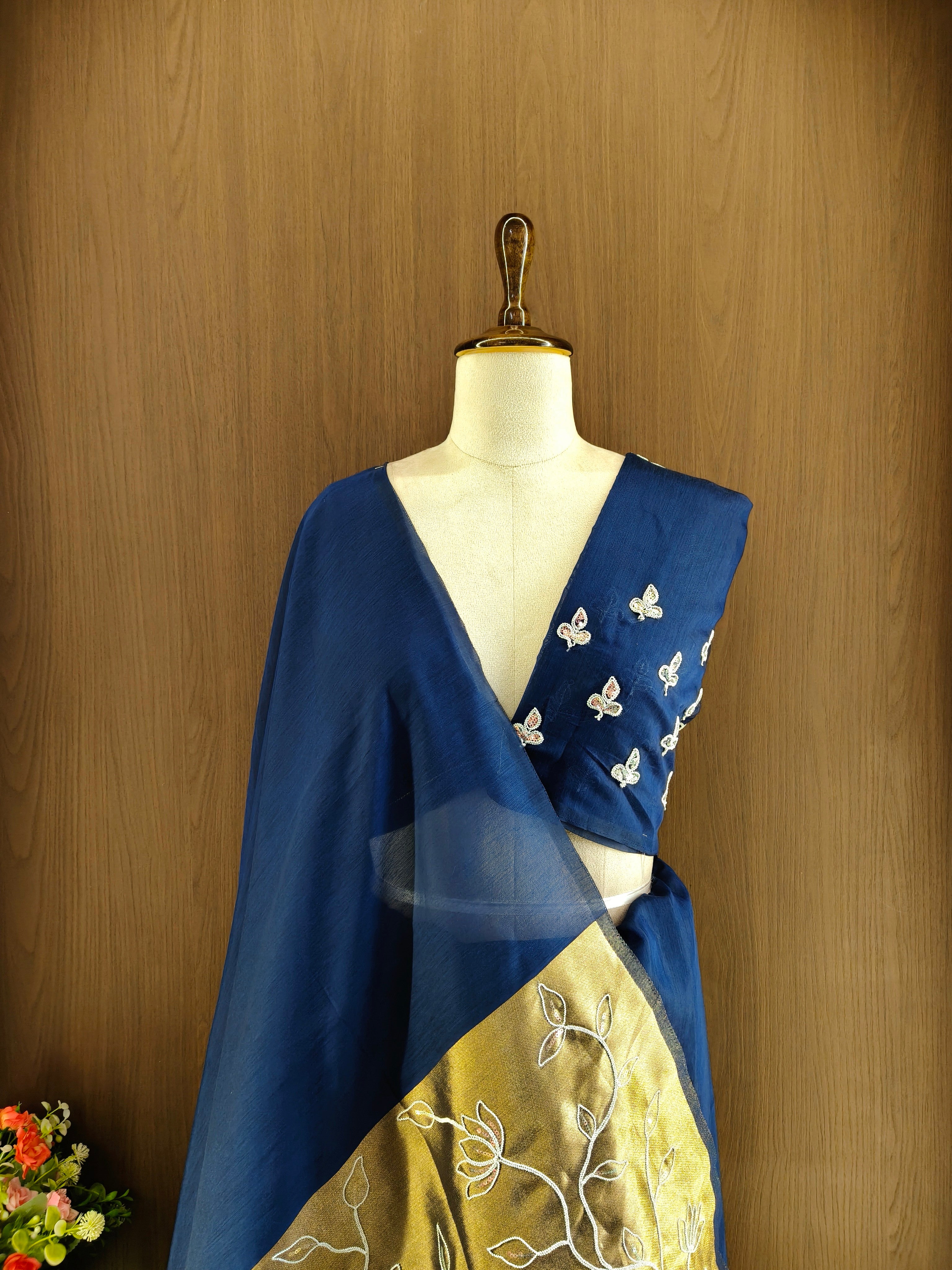 Organza Silk Saree with Heavy Gold Zari Floral Pallu & Embroidery Blouse -Blue