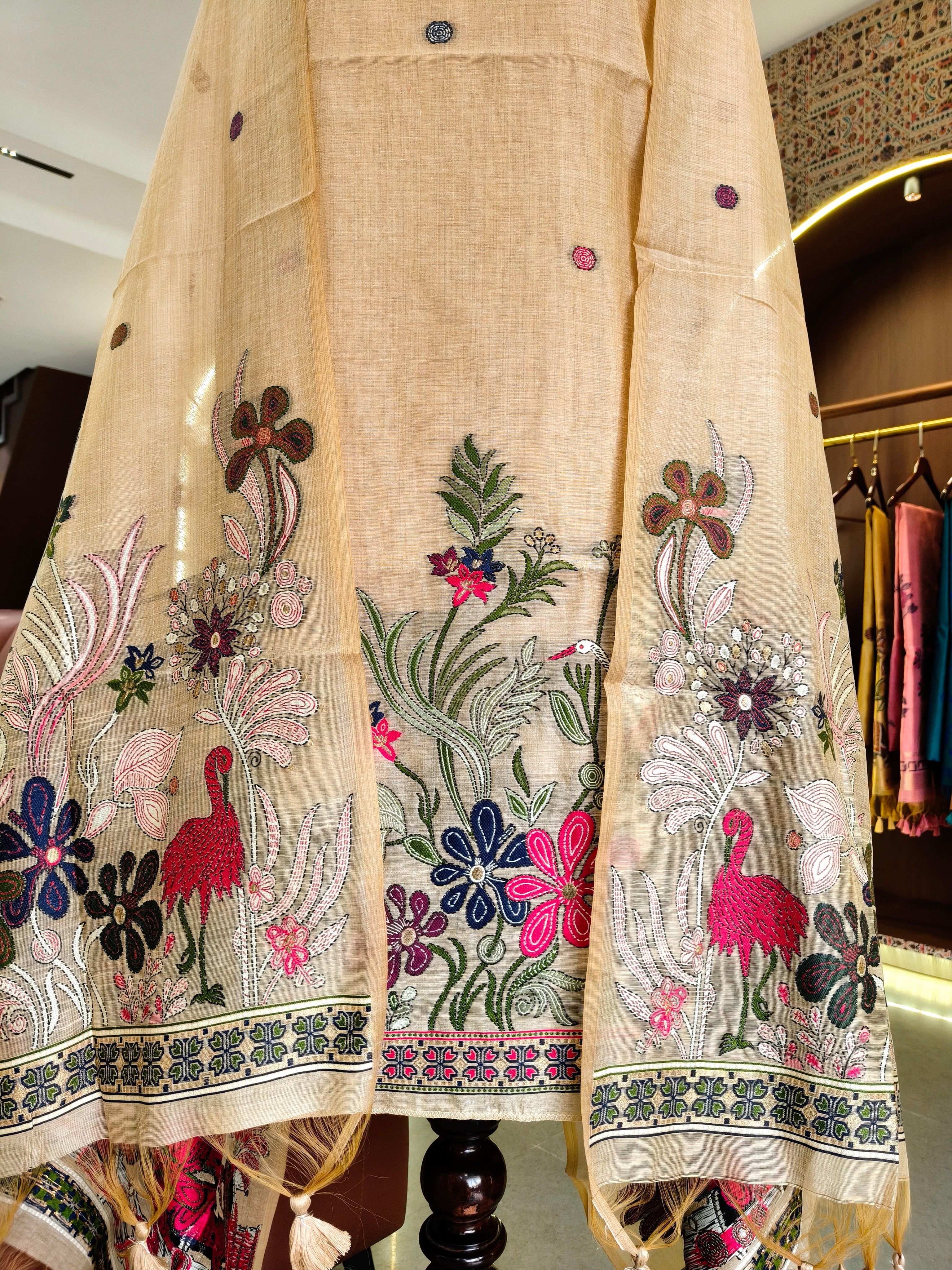 Muga Cotton Khadi Jamdani Unstitched Suit- Chiku