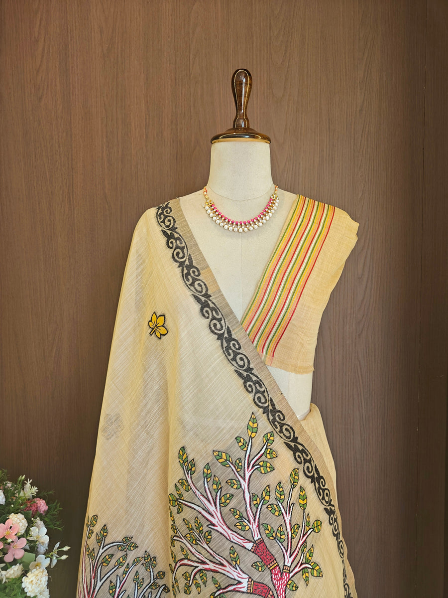 Designer Muga Cotton Saree with Warli Inspired Border-CHIKU