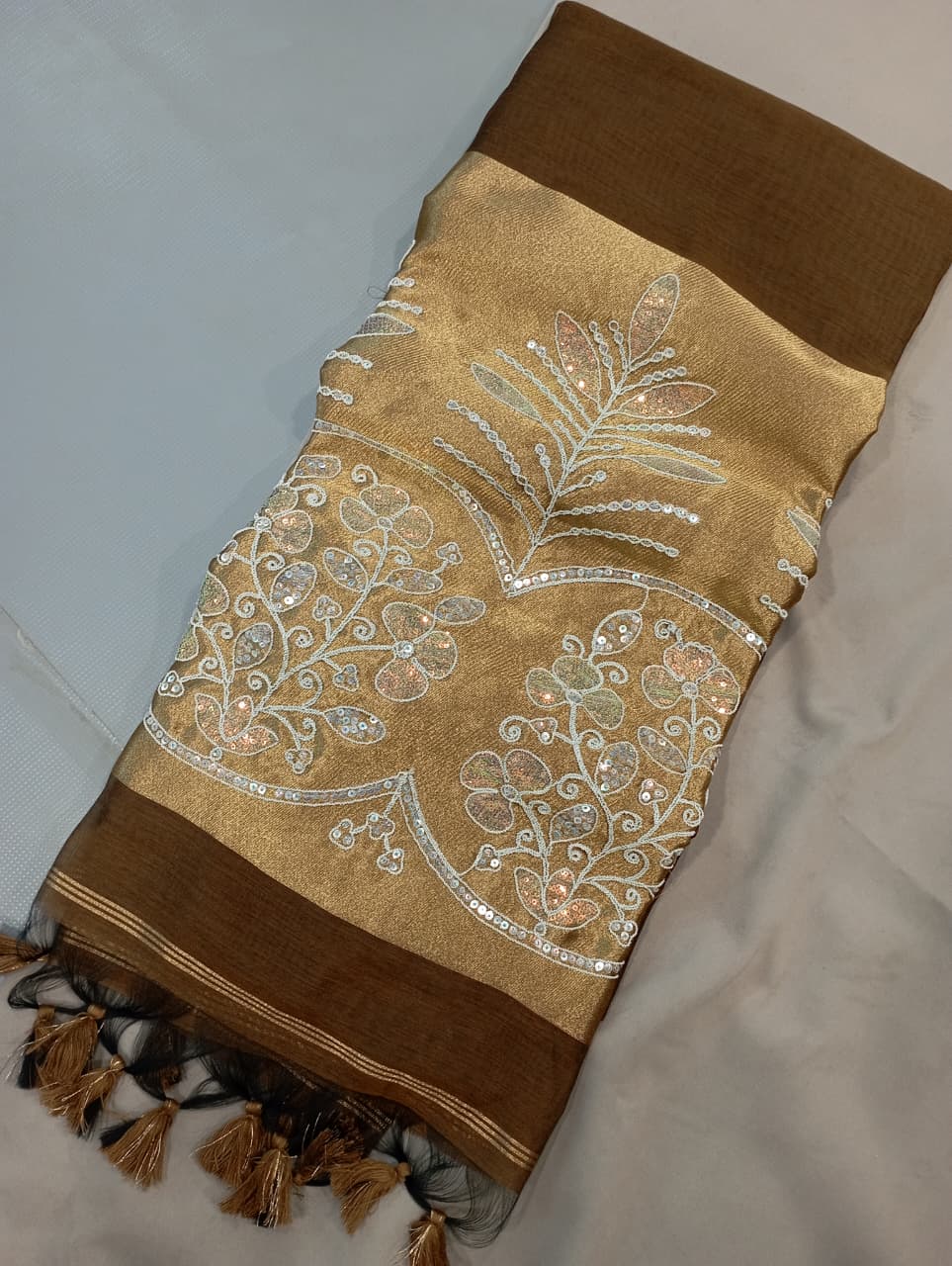 Premium Pure Cotton Saree With Zari Pallu With Heavy Seq -COFFE