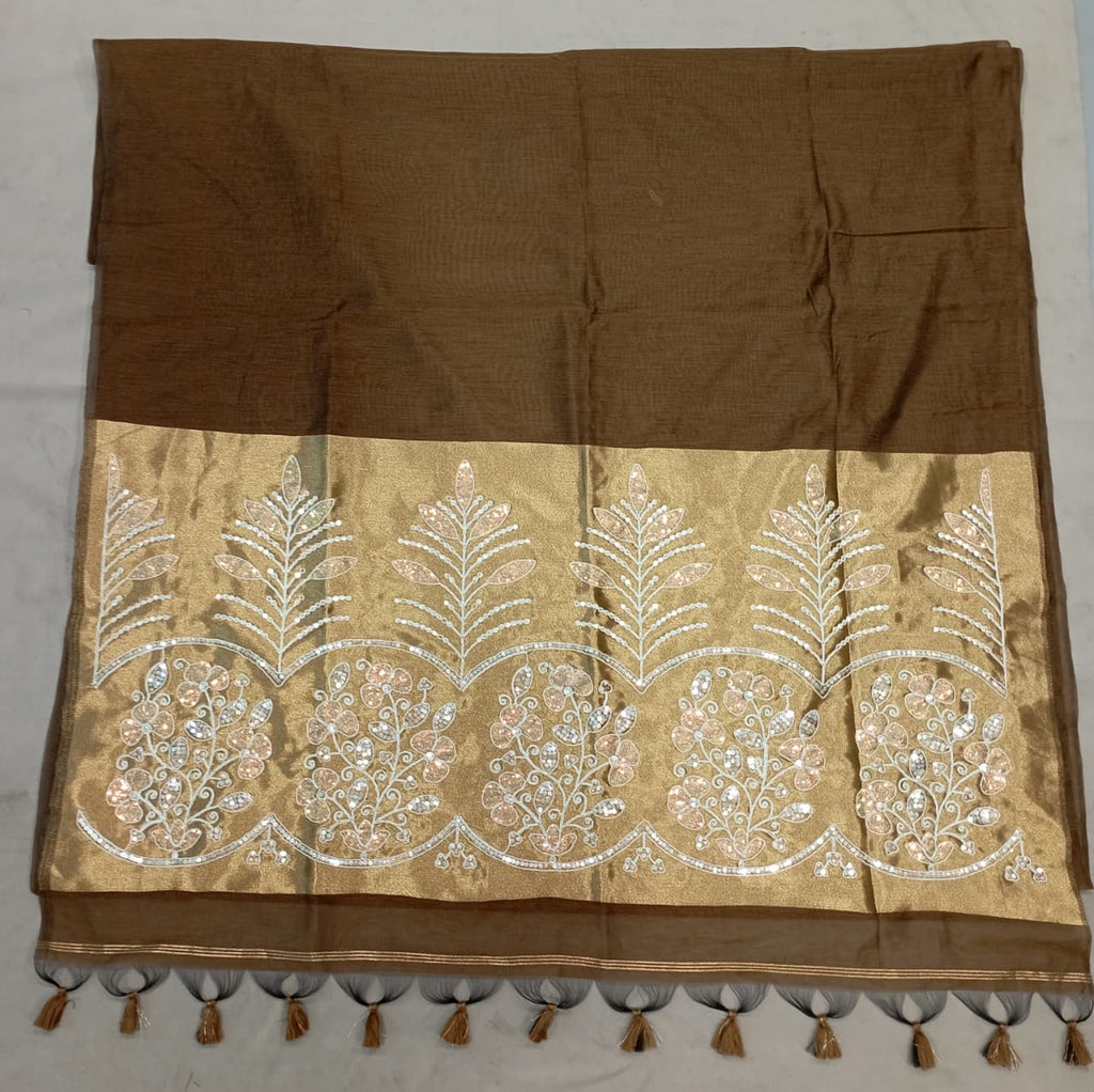Premium Pure Cotton Saree With Zari Pallu With Heavy Seq -COFFE