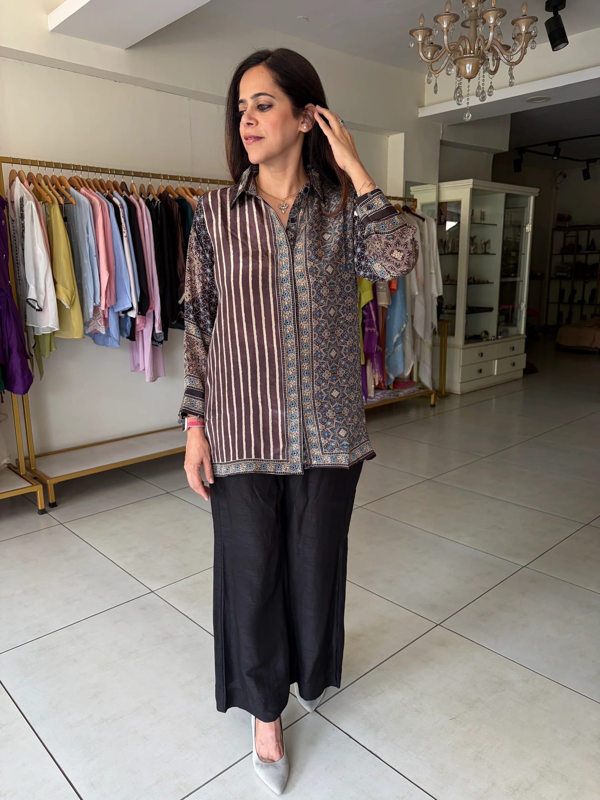 Hndcrafted Charms Detailing Pure Crepe Ajrak Shirt - COFFEE
