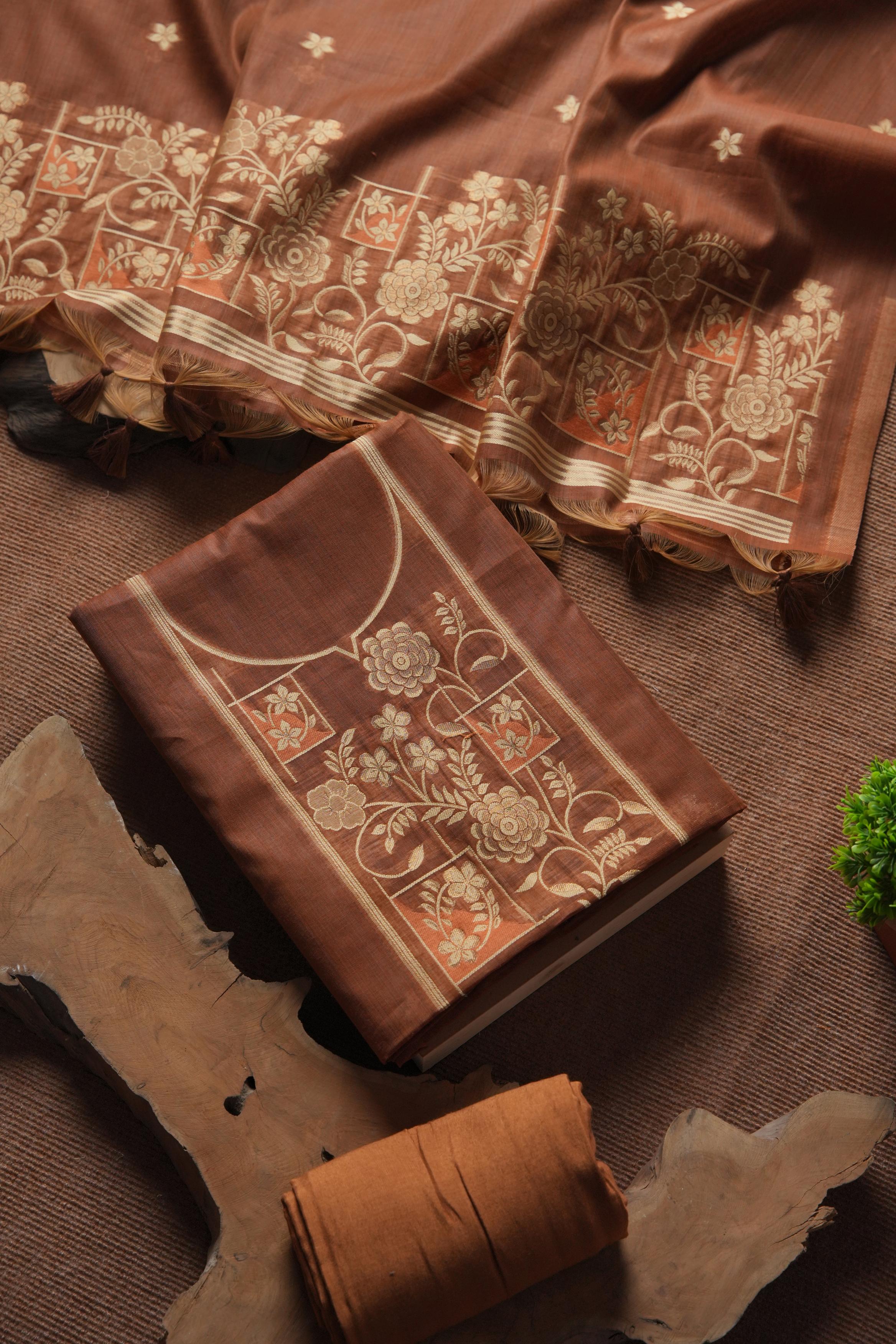 Muga Cotton Floral Pattern Unstitched Suit - Coffee