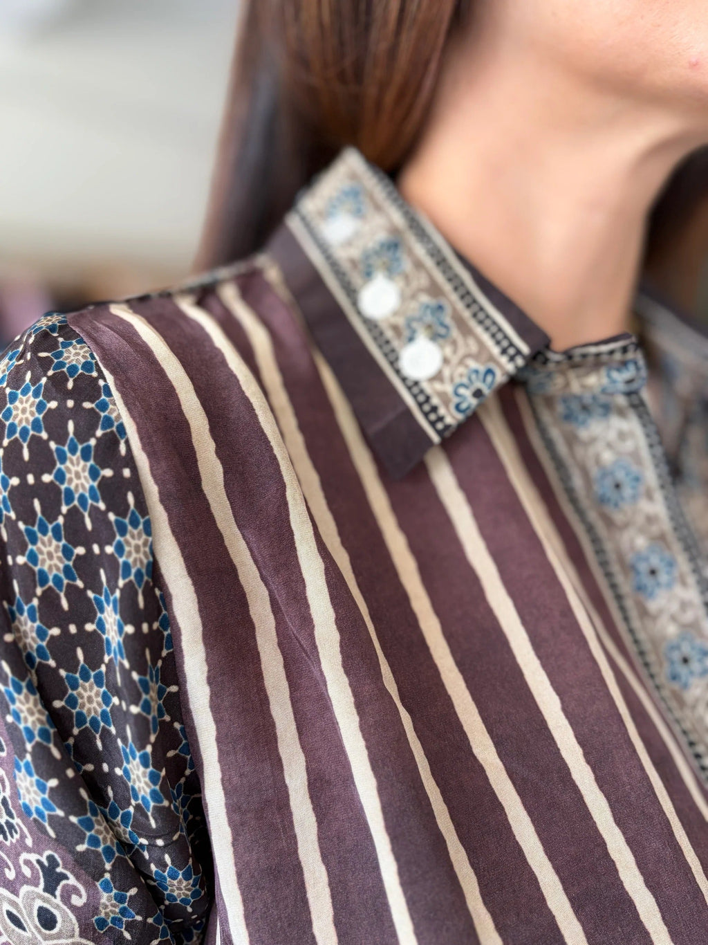 Hndcrafted Charms Detailing Pure Crepe Ajrak Shirt - COFFEE