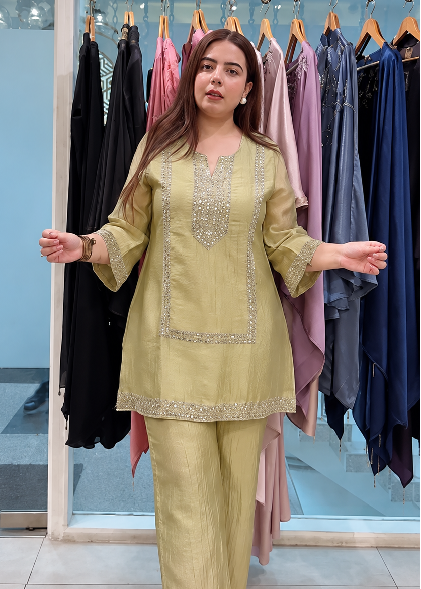 Green Mirror Work Kurta Palazzo Set