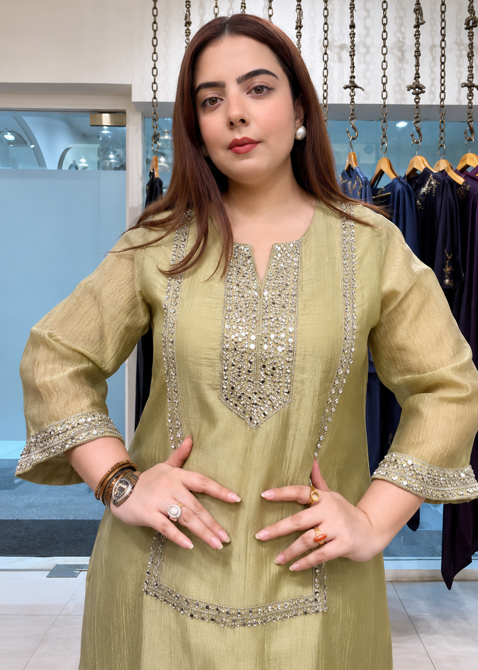 Green Mirror Work Kurta Palazzo Set