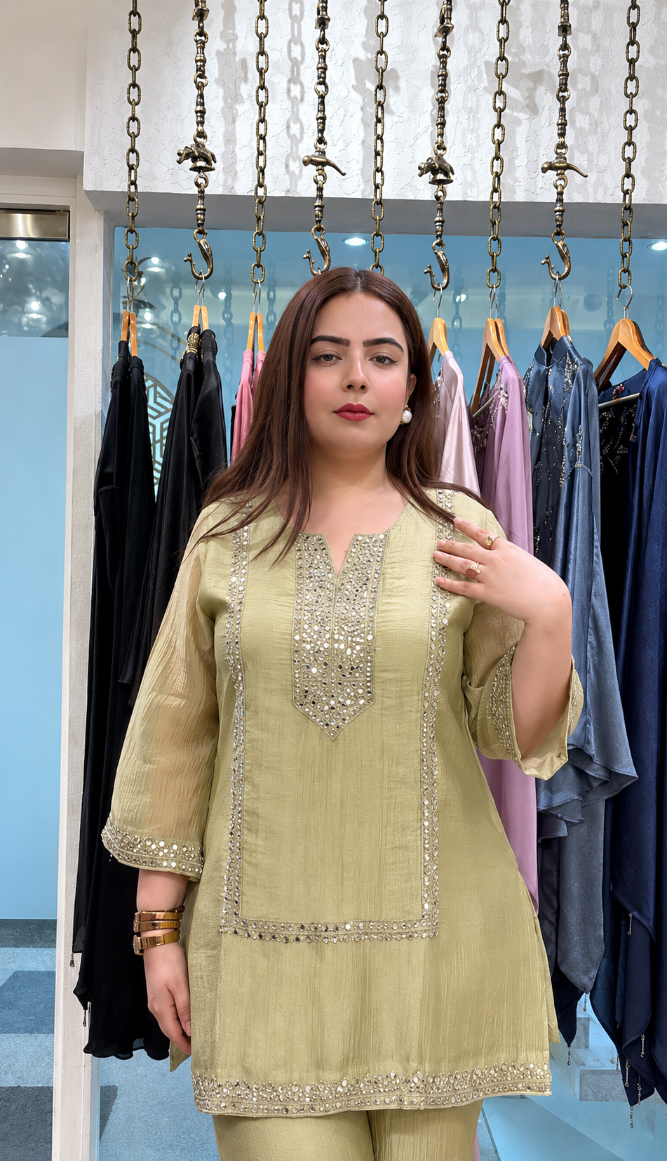 Green Mirror Work Kurta Palazzo Set