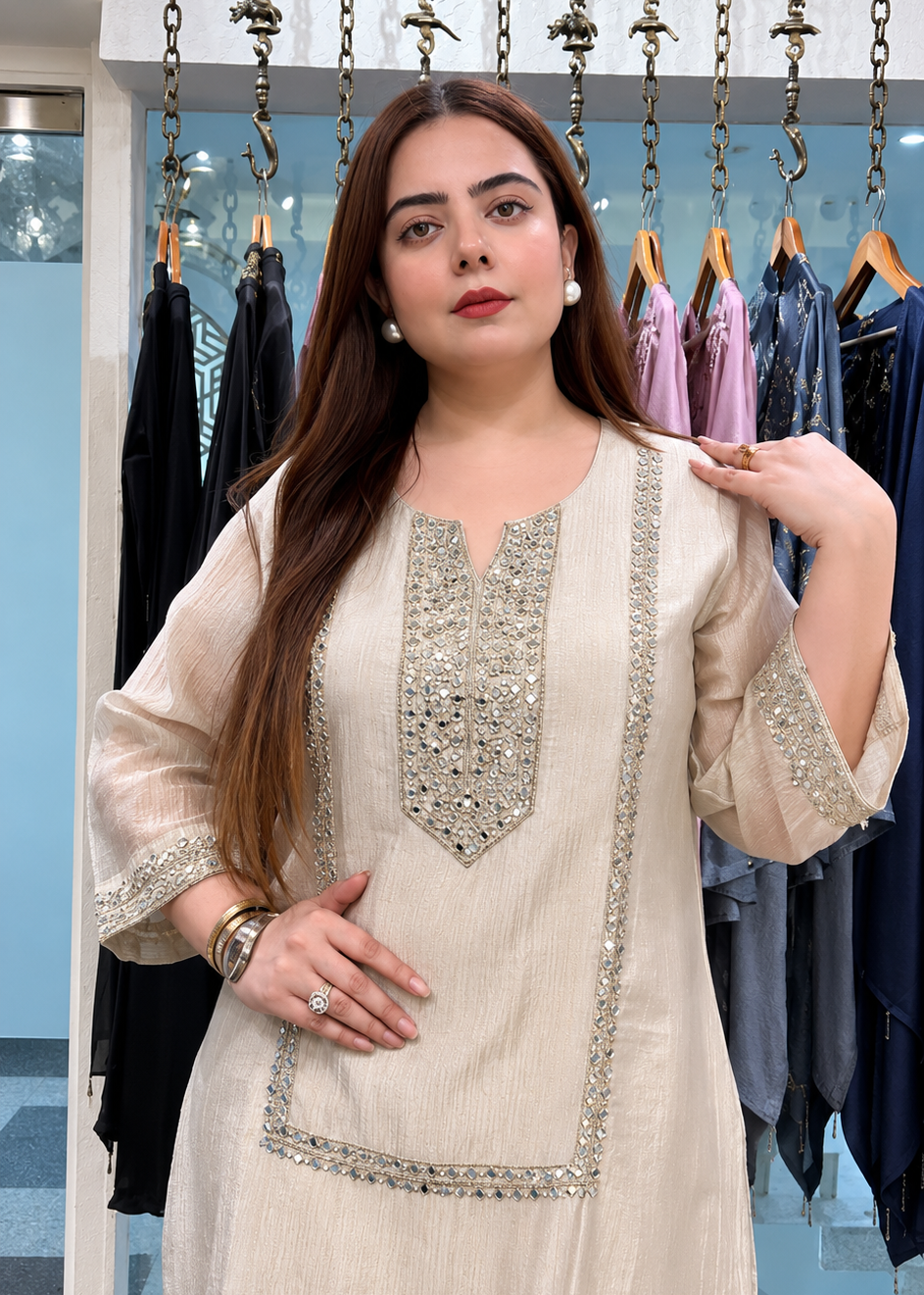 Ivory Mirror Work Kurta Palazzo Set