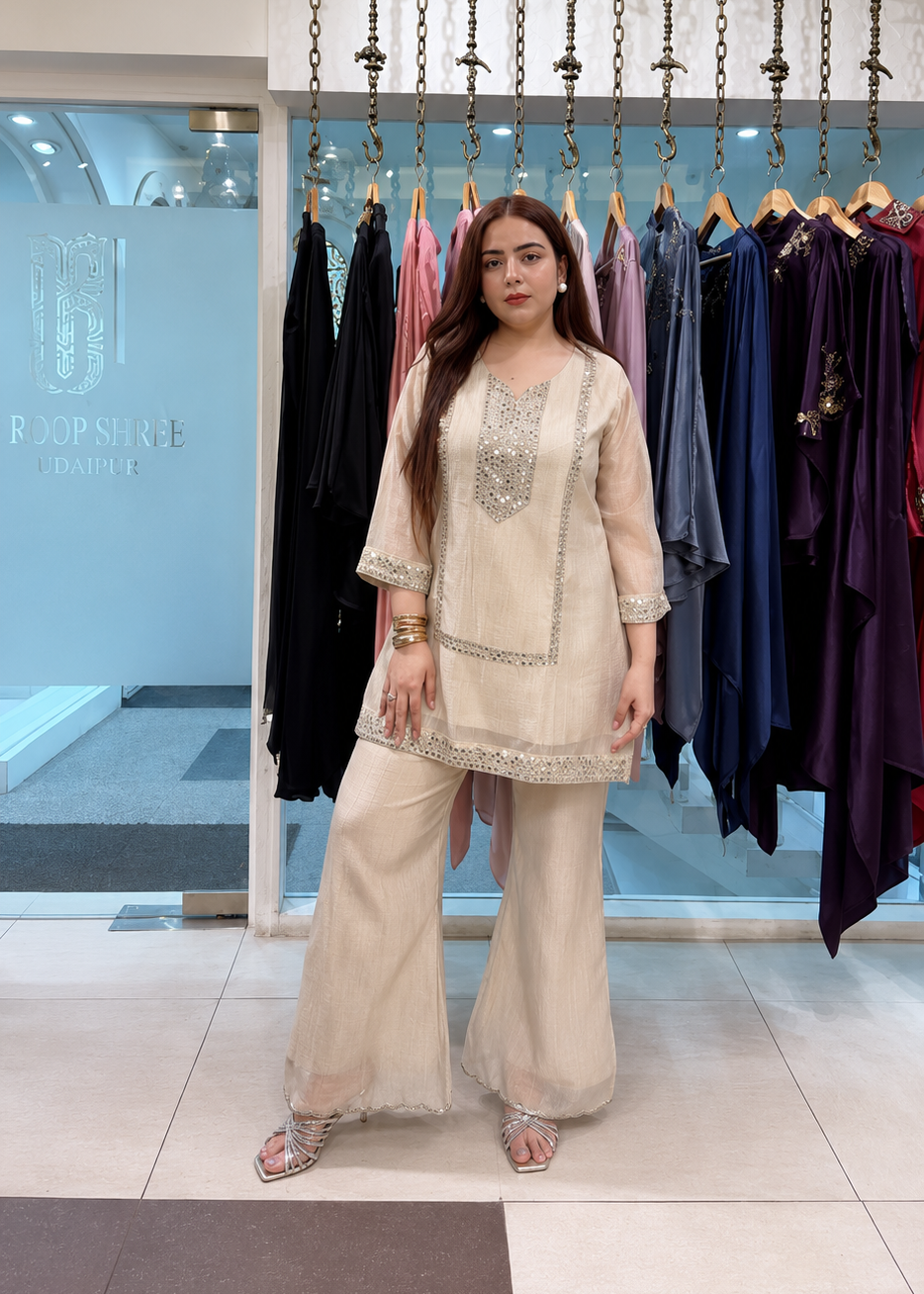 Ivory Mirror Work Kurta Palazzo Set