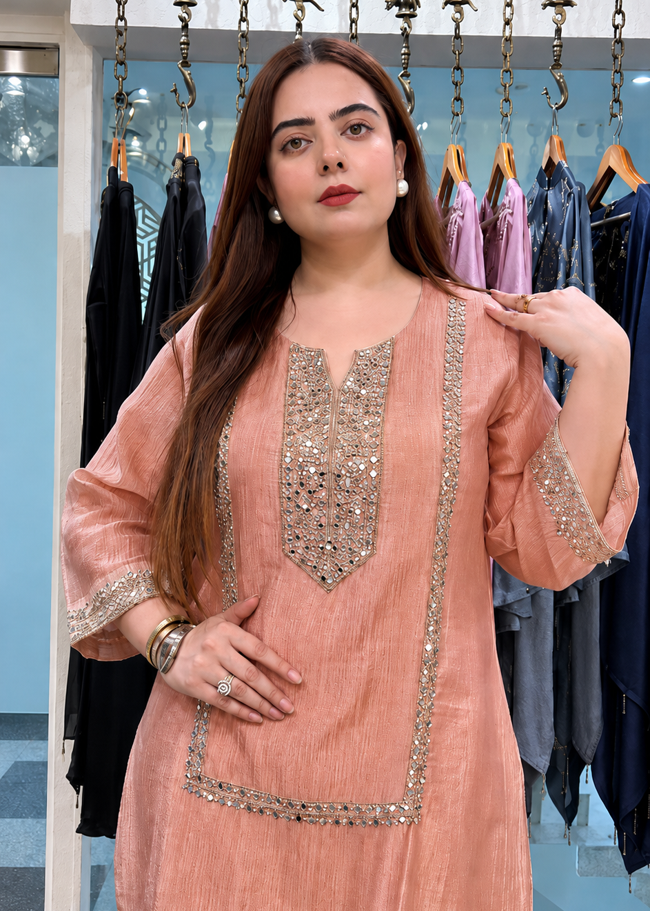 Pink Mirror Work Kurta Palazzo Set