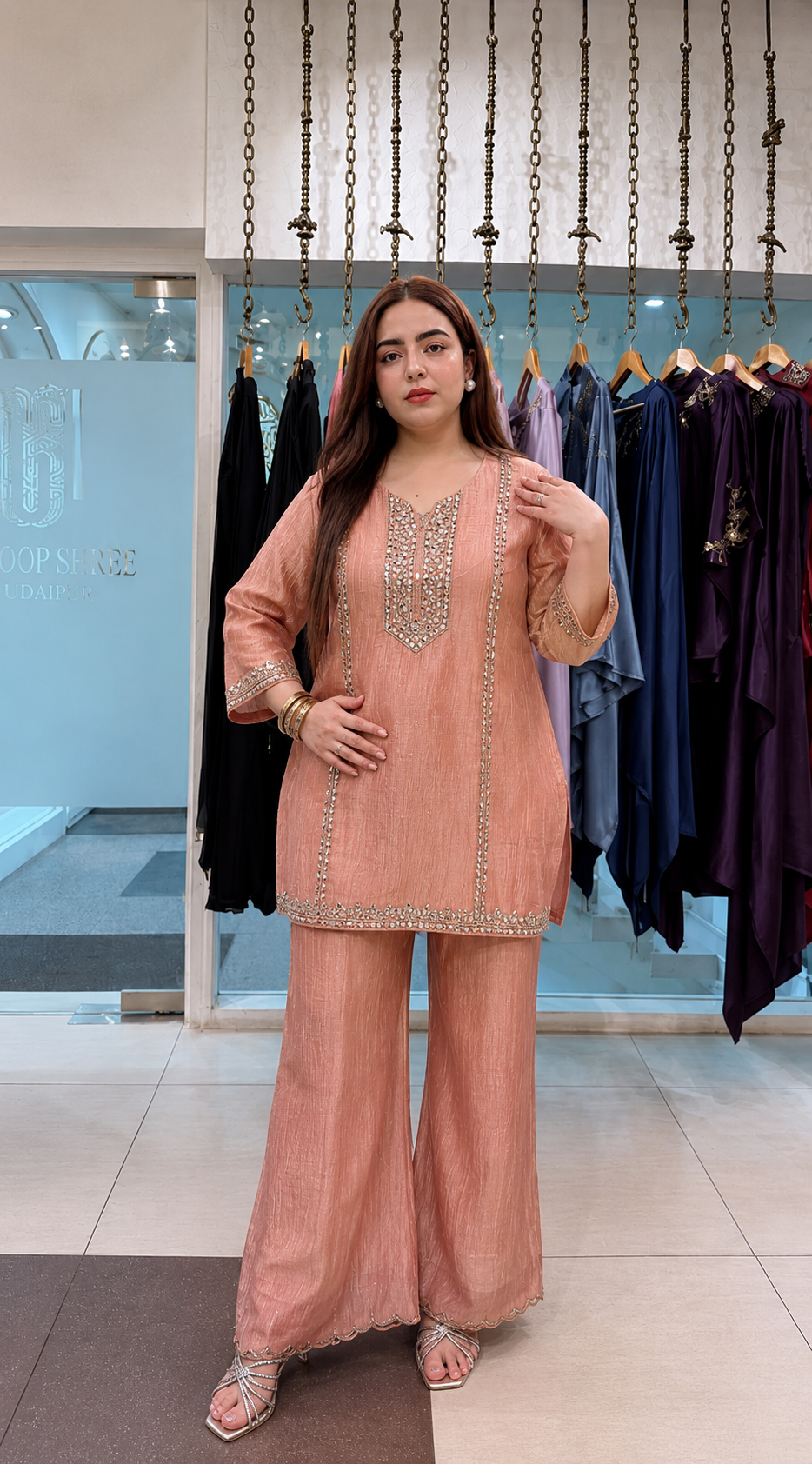 Pink Mirror Work Kurta Palazzo Set