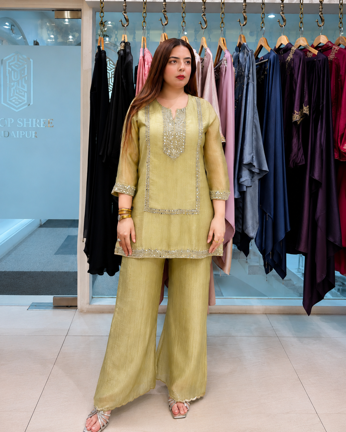 Green Mirror Work Kurta Palazzo Set