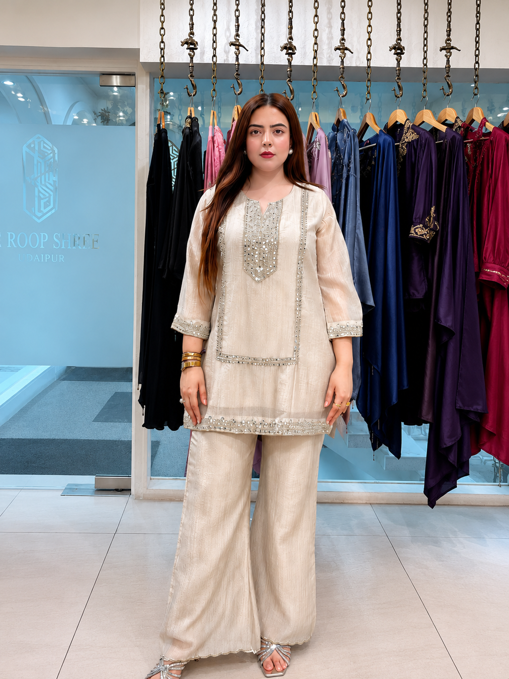 Ivory Mirror Work Kurta Palazzo Set