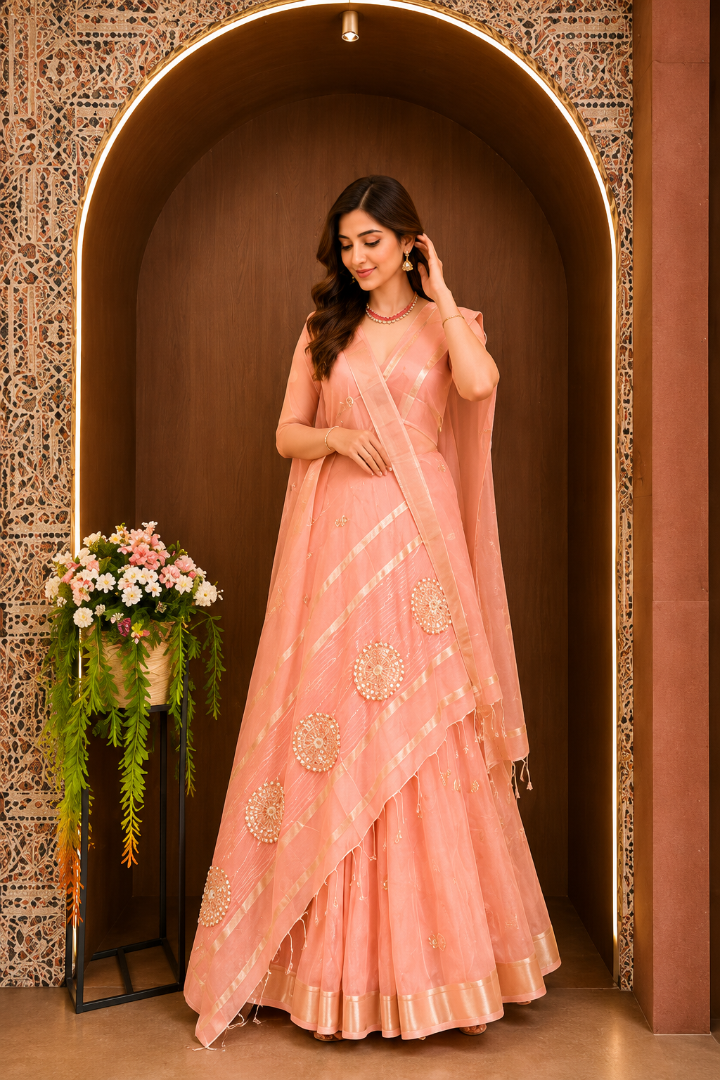 Soft Linen Silk saree with Gota Patti Work - Peach