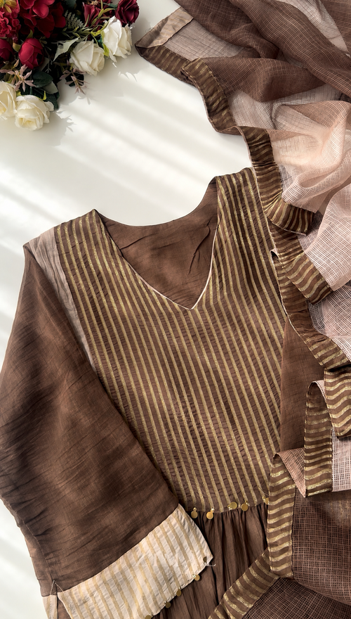 Embroidered Mul Chanderi Anarkali Kurta Set - Brown