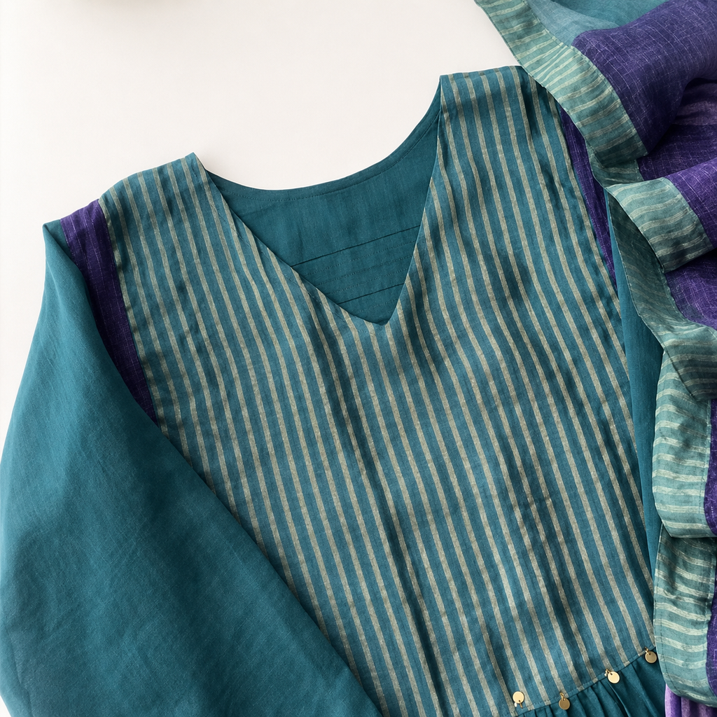 Embroidered Mul Chanderi Anarkali Kurta Set -Rama