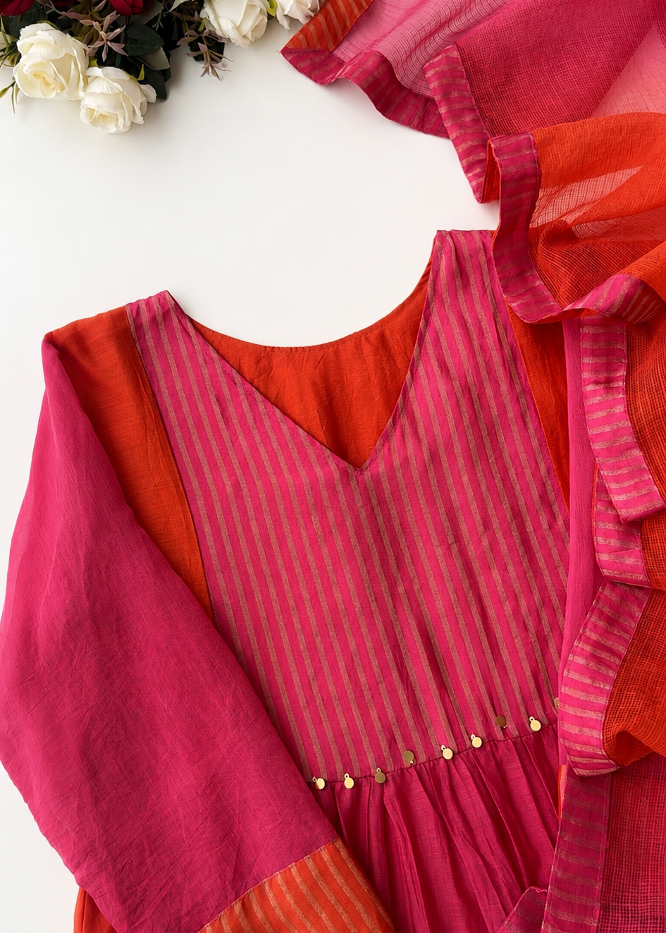 Embroidered Mul Chanderi Anarkali Kurta Set - Pink