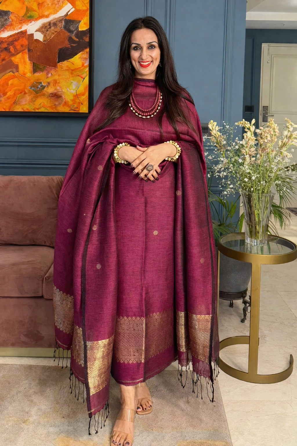 Jayshree Linen Golden zari unstitched suit - Rani