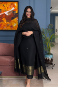 Jayshree Linen Golden zari unstitched suit - Black