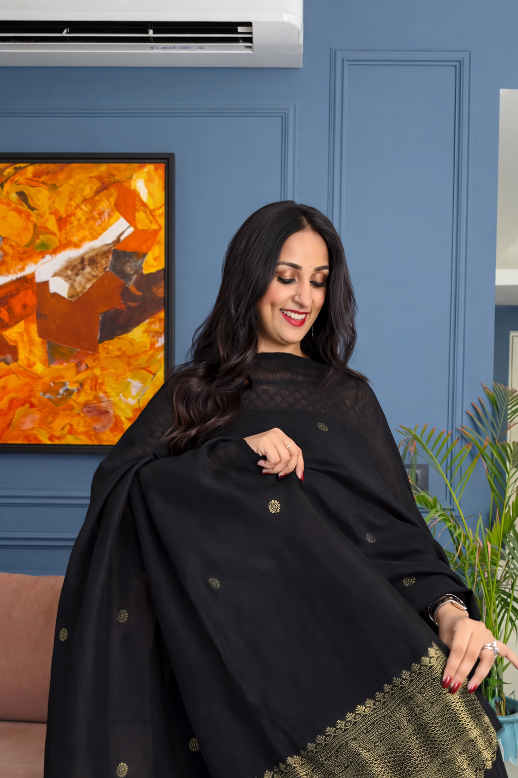 Jayshree Linen Golden zari unstitched suit - Black
