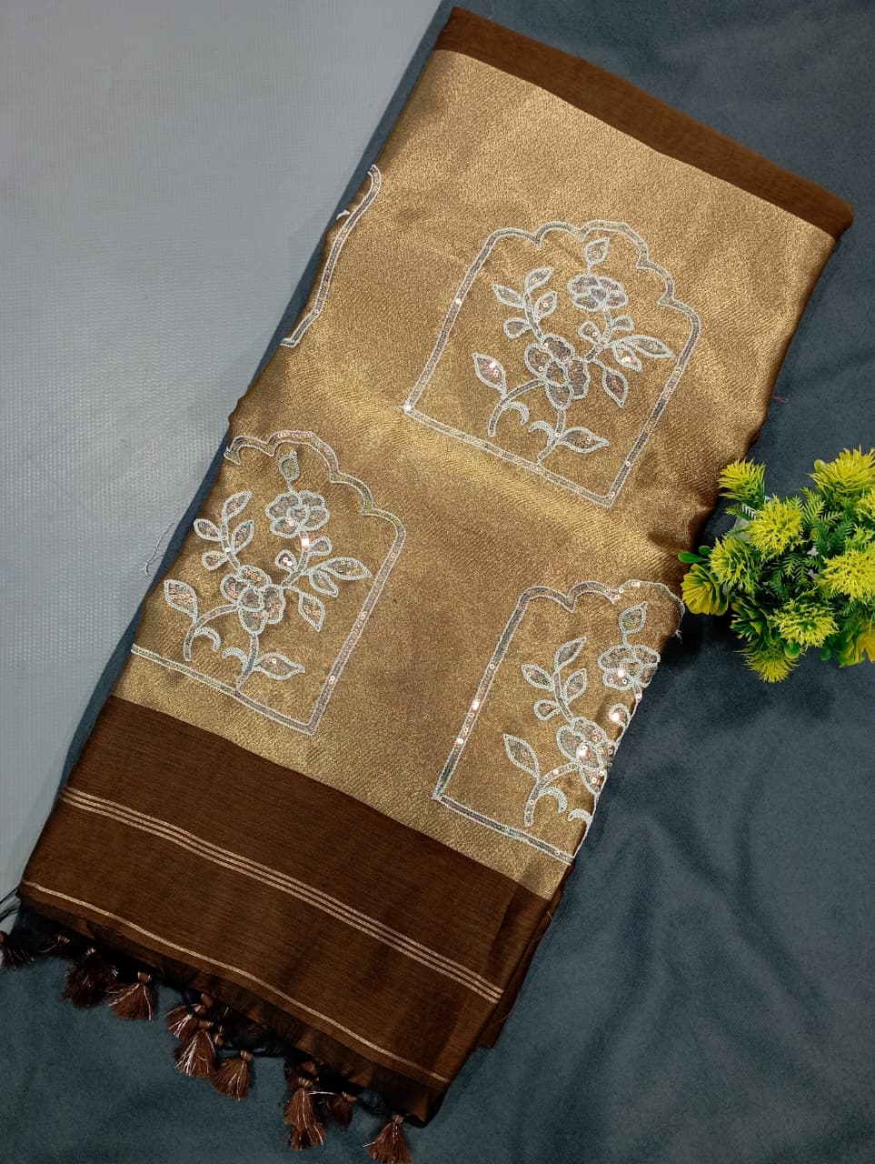 Elegent Pure Cotton Saree With Zari Pallu With Heavy Seq -COFFEE
