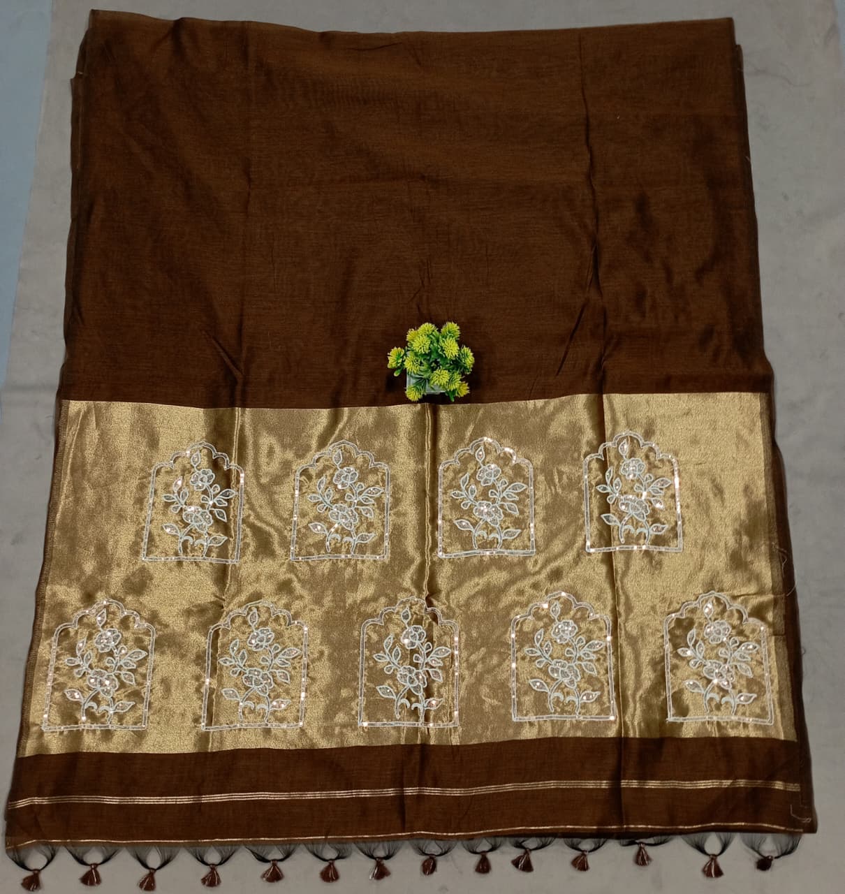 Elegent Pure Cotton Saree With Zari Pallu With Heavy Seq -COFFEE