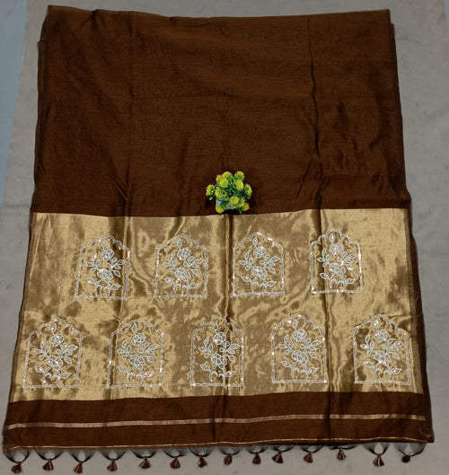 Elegent Pure Cotton Saree With Zari Pallu With Heavy Seq -COFFEE