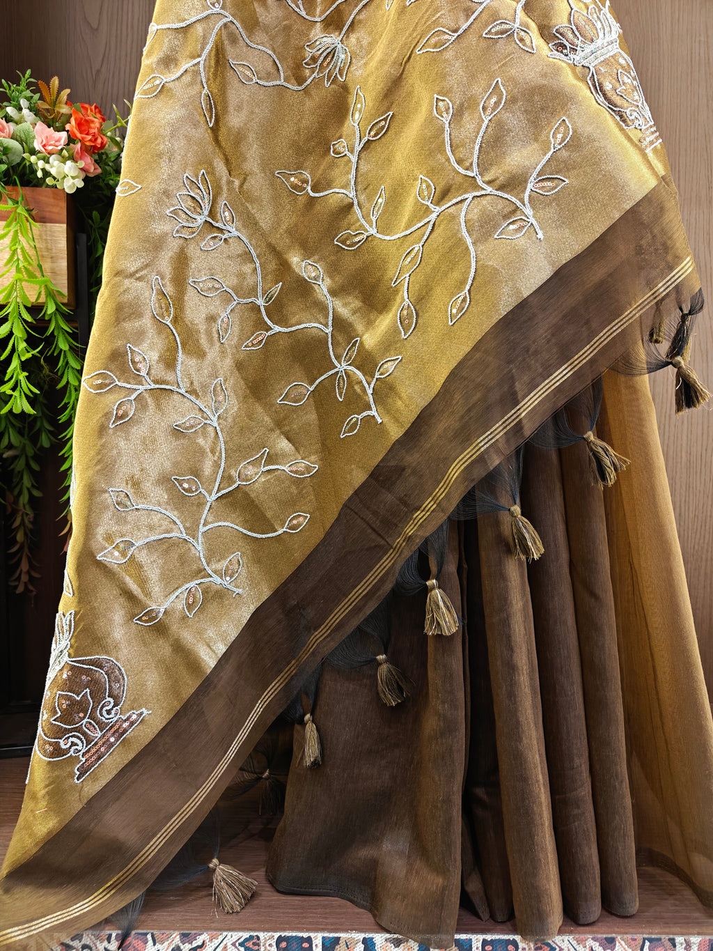 Organza Silk Saree with Heavy Gold Zari Floral Pallu & Embroidery Blouse -Coffee