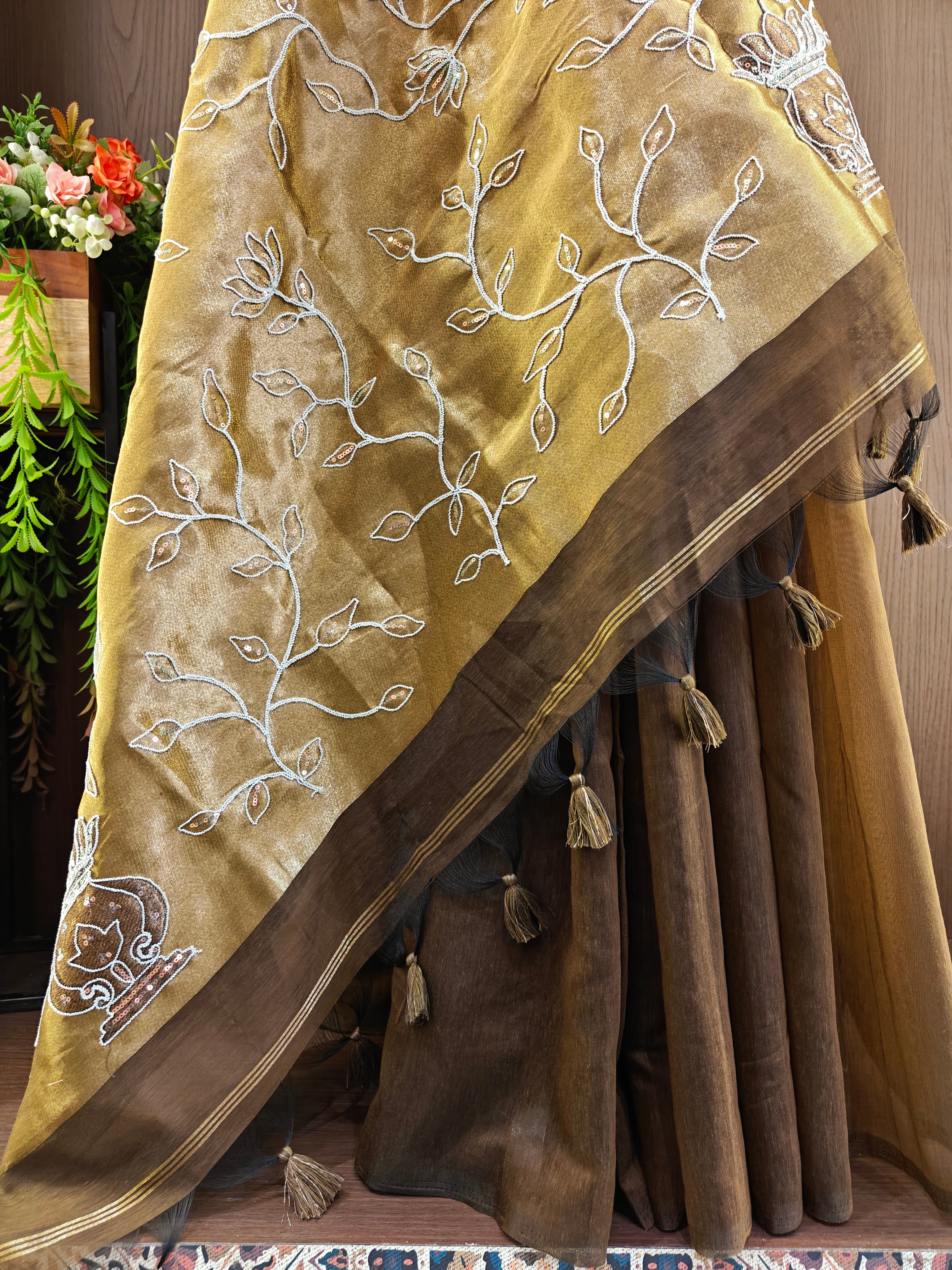 Organza Silk Saree with Heavy Gold Zari Floral Pallu & Embroidery Blouse -Coffee