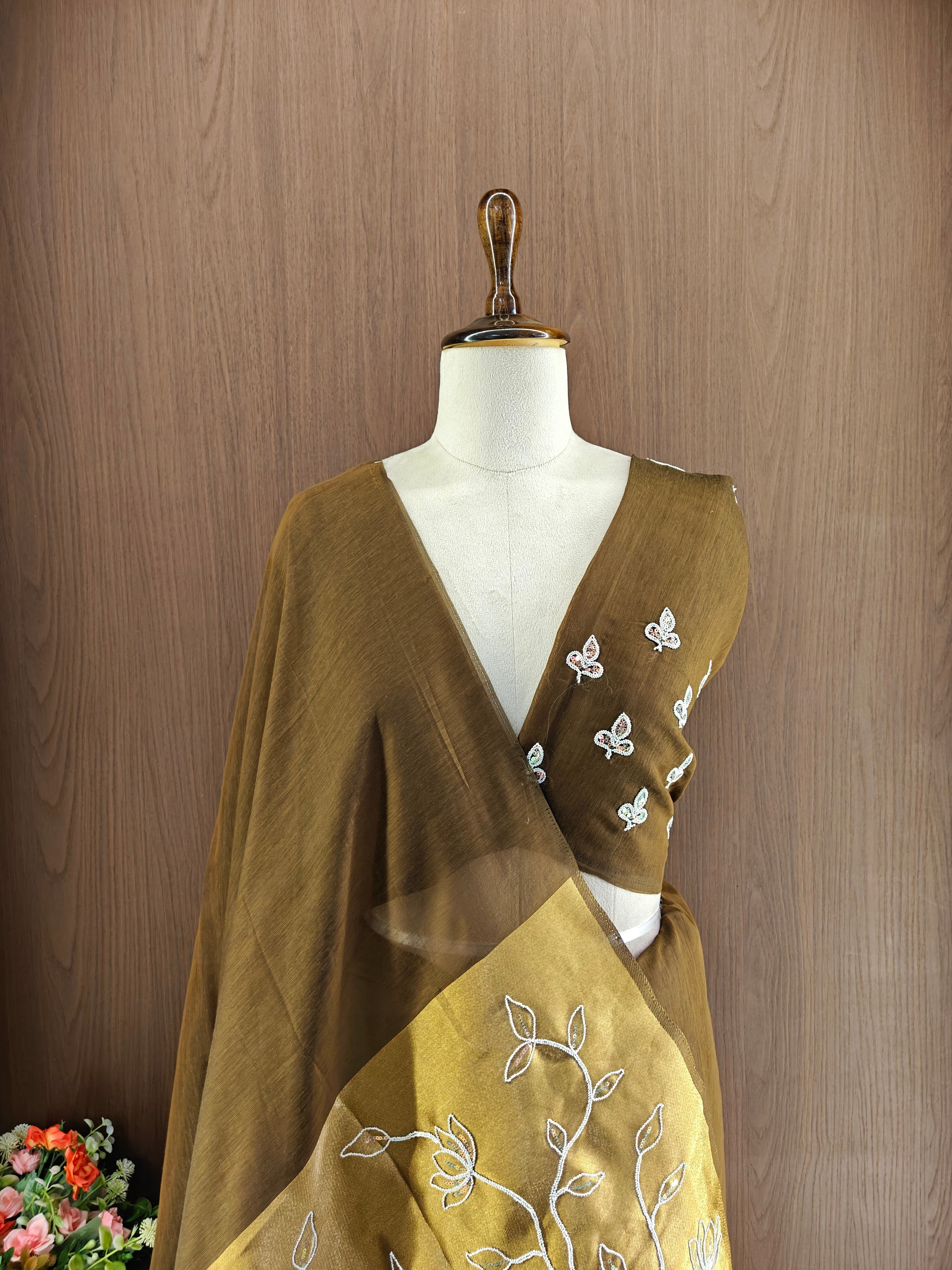 Organza Silk Saree with Heavy Gold Zari Floral Pallu & Embroidery Blouse -Coffee