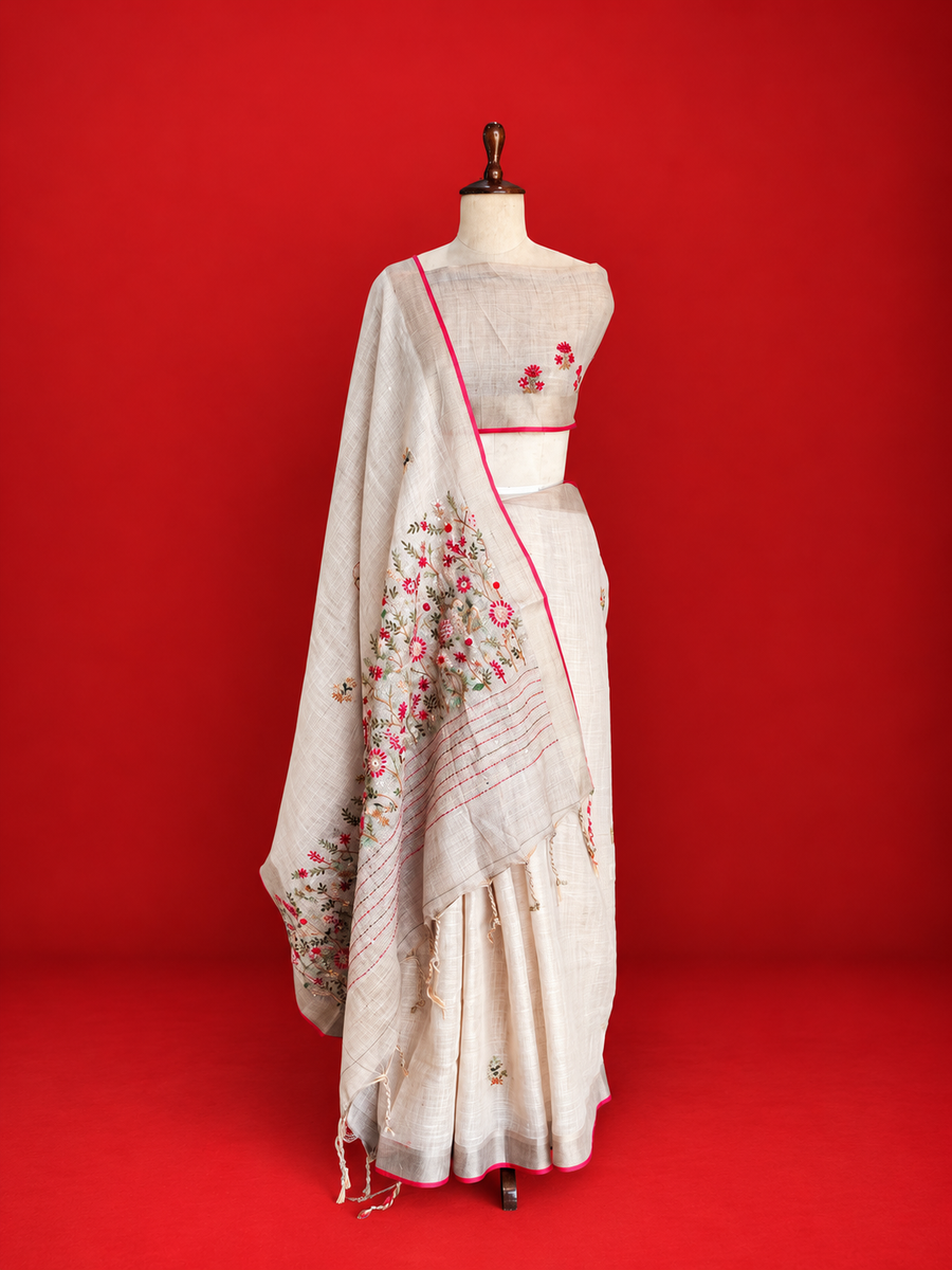 Linen With Frenchknot Saree - Chiku