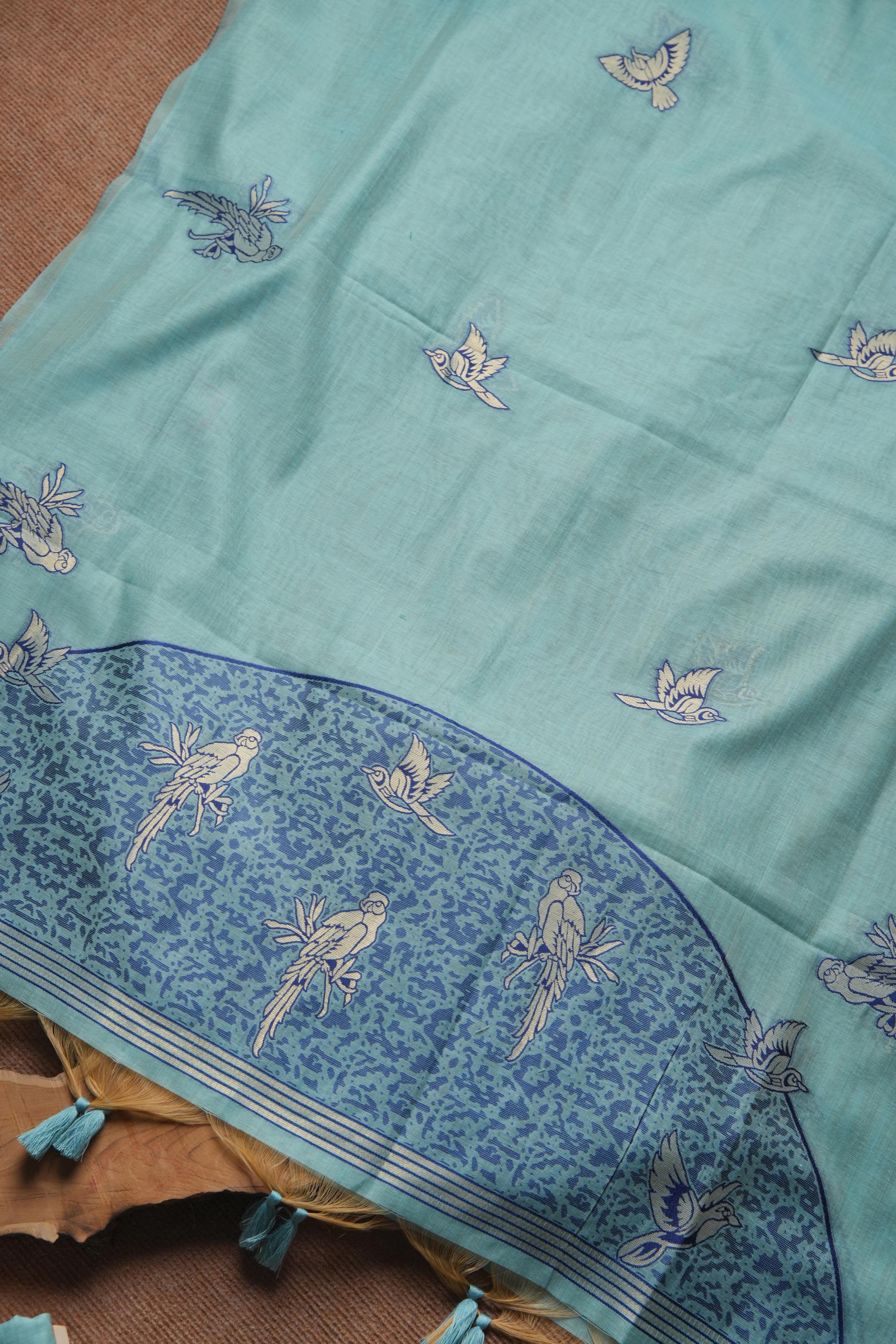 Muga Cotton Parrot Motif Unstitched Suit-Firozi