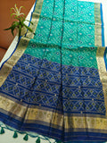 Raw Silk Ikkat Saree With Zari Woven Border-FIROZI